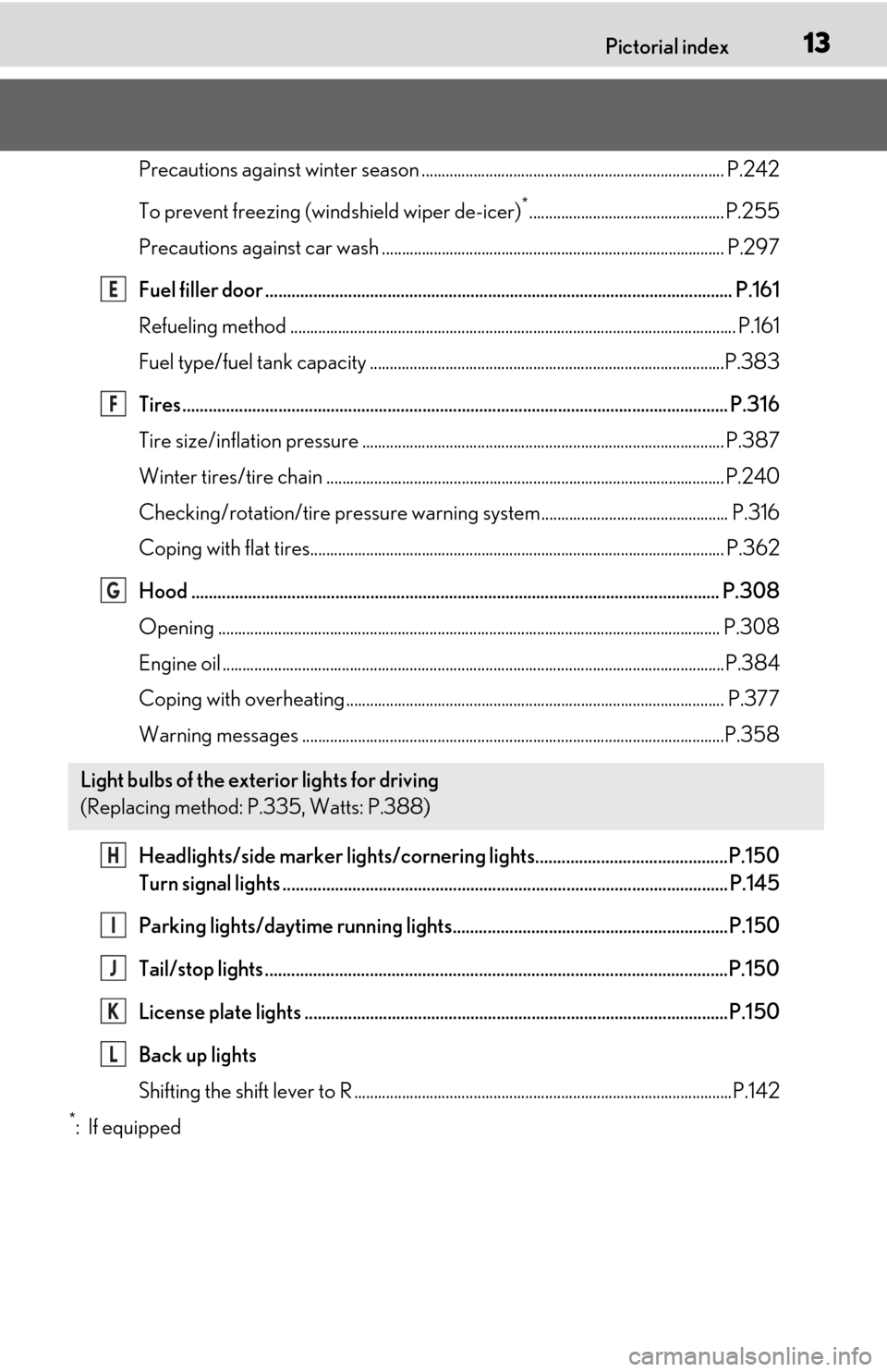 Lexus ES350 2019 / LEXUS 2019 ES350 (OM06130U) User Guide 13Pictorial index
Precautions against winter season ............................................................................ P.242
To prevent freezing (windshield wiper de-icer)
*................. Lexus ES350 2019 / LEXUS 2019 ES350 (OM06130U) User Guide 13Pictorial index
Precautions against winter season ............................................................................ P.242
To prevent freezing (windshield wiper de-icer)
*.................