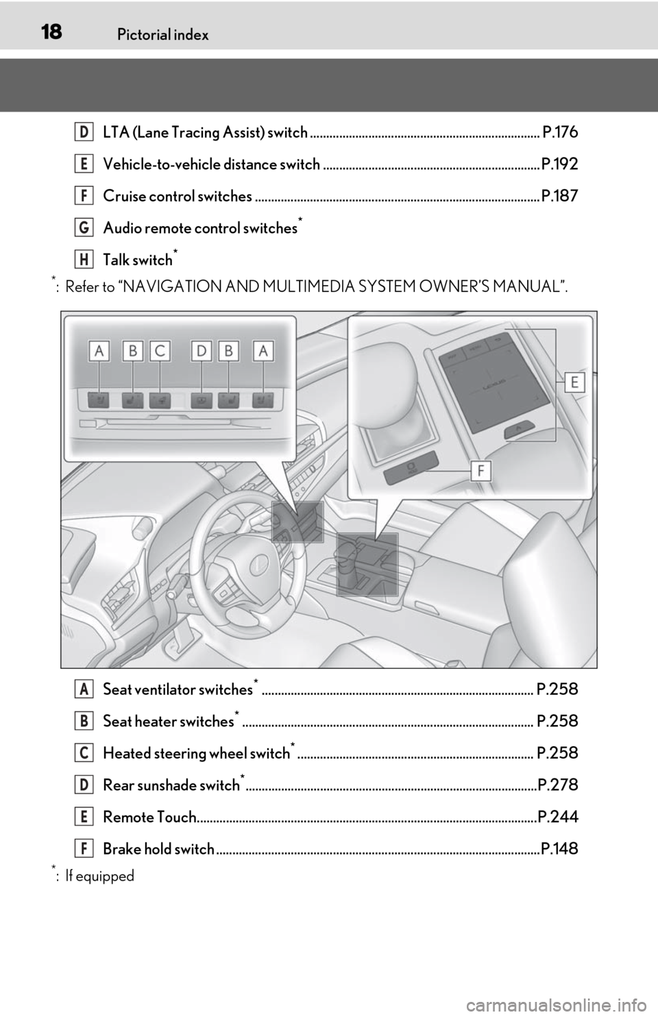 Lexus ES350 2019 / LEXUS 2019 ES350 (OM06130U) User Guide 18Pictorial index
LTA (Lane Tracing Assist) switch ....................................................................... P.176
Vehicle-to-vehicle distance switch .................................... Lexus ES350 2019 / LEXUS 2019 ES350 (OM06130U) User Guide 18Pictorial index
LTA (Lane Tracing Assist) switch ....................................................................... P.176
Vehicle-to-vehicle distance switch ....................................
