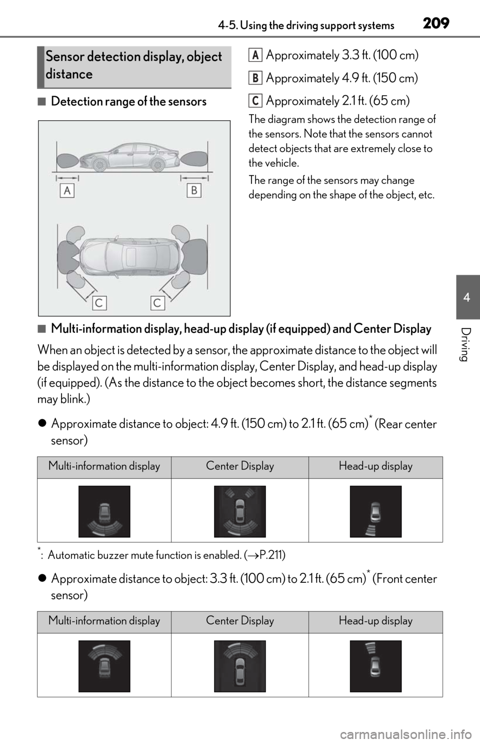 Lexus ES350 2019  Owners Manual / LEXUS 2019 ES350 OWNERS MANUAL (OM06130U) 2094-5. Using the driving support systems
4
Driving
■Detection range of the sensorsApproximately 3.3 ft. (100 cm)
Approximately 4.9 ft. (150 cm)
Approximately 2.1 ft. (65 cm)
The diagram shows the d