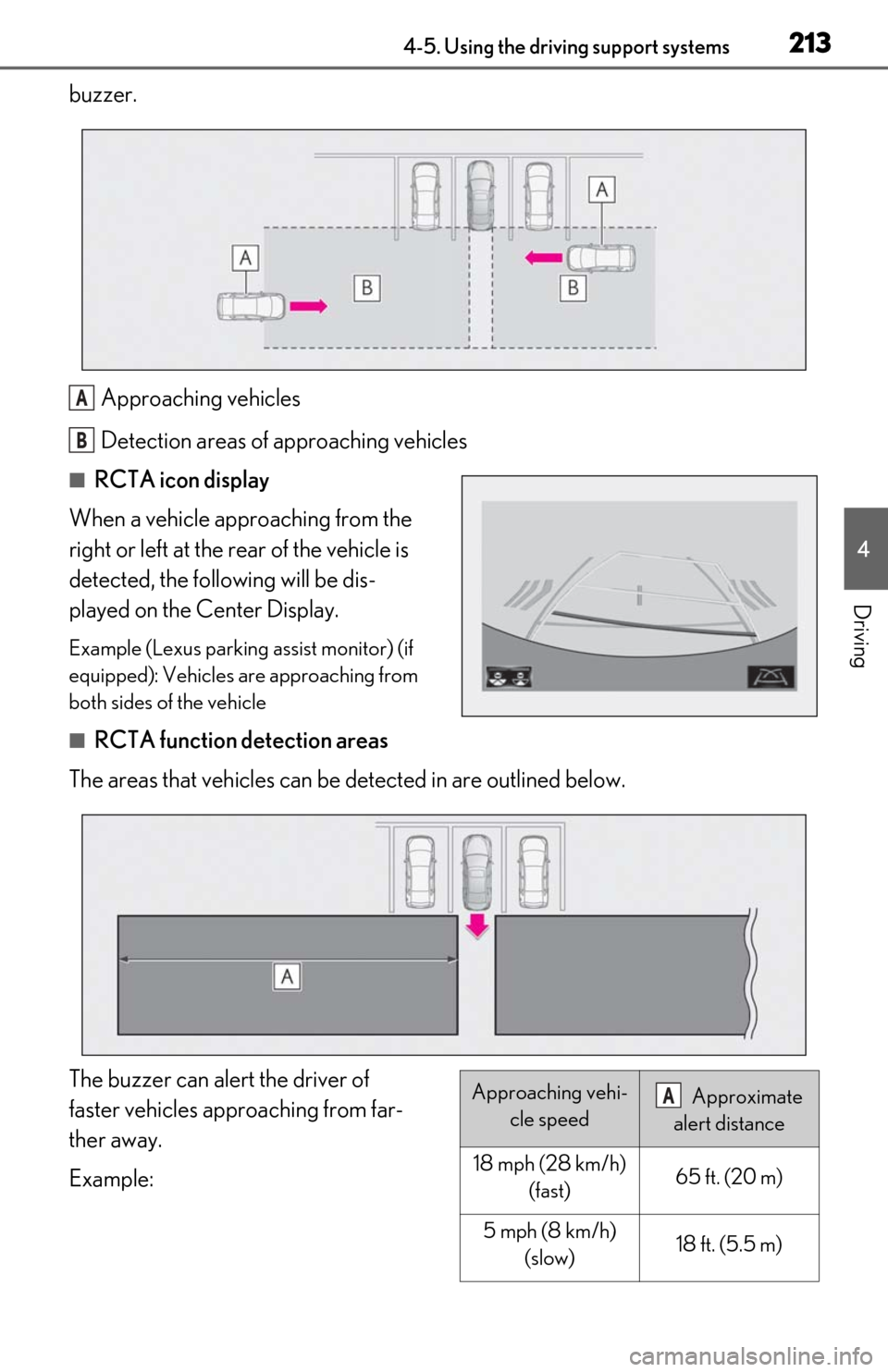 Lexus ES350 2019 Owners Manual / LEXUS 2019 ES350 OWNERS MANUAL (OM06130U) 2134-5. Using the driving support systems
4
Driving
buzzer.Approaching vehicles
Detection areas of approaching vehicles
■RCTA icon display
When a vehicle approaching from the
right or left at the r Lexus ES350 2019 Owners Manual / LEXUS 2019 ES350 OWNERS MANUAL (OM06130U) 2134-5. Using the driving support systems
4
Driving
buzzer.Approaching vehicles
Detection areas of approaching vehicles
■RCTA icon display
When a vehicle approaching from the
right or left at the r