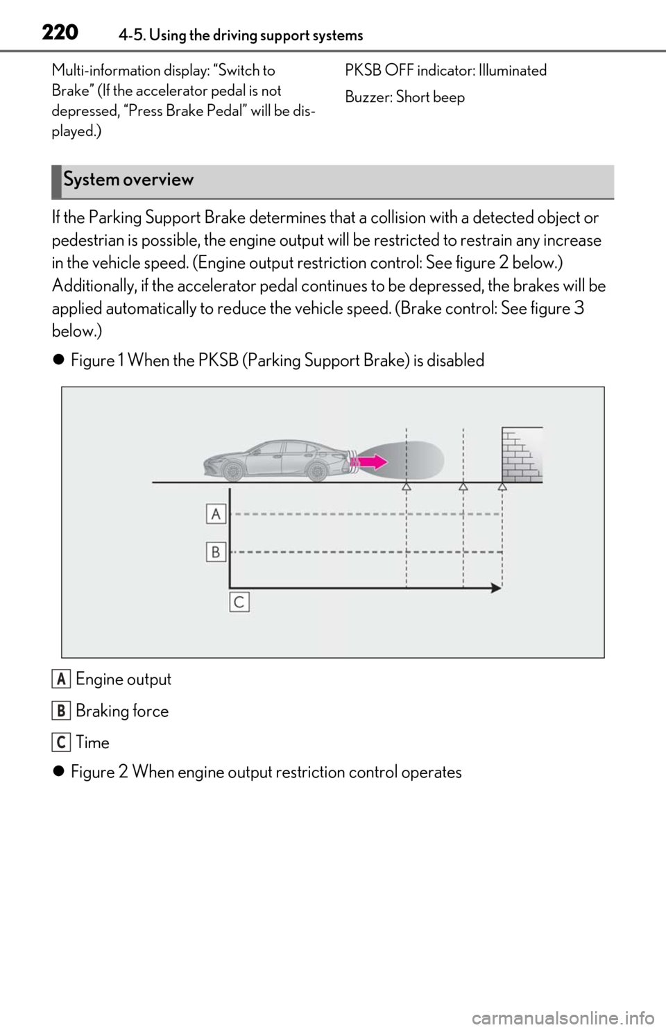 Lexus ES350 2019 Owners Manual / LEXUS 2019 ES350 OWNERS MANUAL (OM06130U) 2204-5. Using the driving support systems
Multi-information display: “Switch to
Brake” (If the accelerator pedal is not
depressed, “Press Brake Pedal” will be dis-
played.)PKSB OFF indicator Lexus ES350 2019 Owners Manual / LEXUS 2019 ES350 OWNERS MANUAL (OM06130U) 2204-5. Using the driving support systems
Multi-information display: “Switch to
Brake” (If the accelerator pedal is not
depressed, “Press Brake Pedal” will be dis-
played.)PKSB OFF indicator