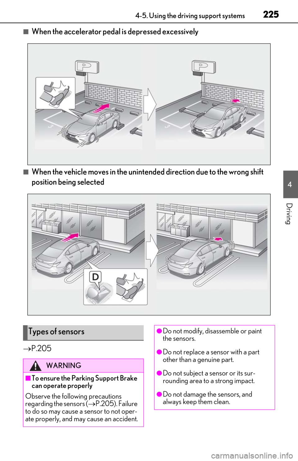 Lexus ES350 2019 Owners Manual / LEXUS 2019 ES350 OWNERS MANUAL (OM06130U) 2254-5. Using the driving support systems
4
Driving
■When the accelerator pedal is depressed excessively
■When the vehicle moves in the unintend ed direction due to the wrong shift
position being Lexus ES350 2019 Owners Manual / LEXUS 2019 ES350 OWNERS MANUAL (OM06130U) 2254-5. Using the driving support systems
4
Driving
■When the accelerator pedal is depressed excessively
■When the vehicle moves in the unintend ed direction due to the wrong shift
position being