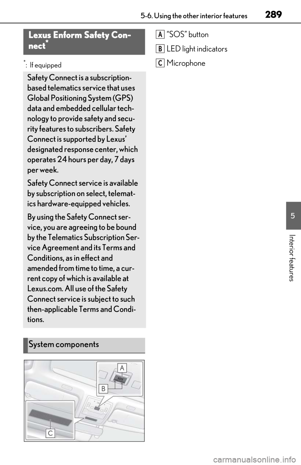 Lexus ES350 2019 Owners Manual / LEXUS 2019 ES350 OWNERS MANUAL (OM06130U) 2895-6. Using the other interior features
5
Interior features
*:If equipped
“SOS” button
LED light indicators
MicrophoneLexus Enform Safety Con-
nect*
Safety Connect is a subscription-
based telem Lexus ES350 2019 Owners Manual / LEXUS 2019 ES350 OWNERS MANUAL (OM06130U) 2895-6. Using the other interior features
5
Interior features
*:If equipped
“SOS” button
LED light indicators
MicrophoneLexus Enform Safety Con-
nect*
Safety Connect is a subscription-
based telem