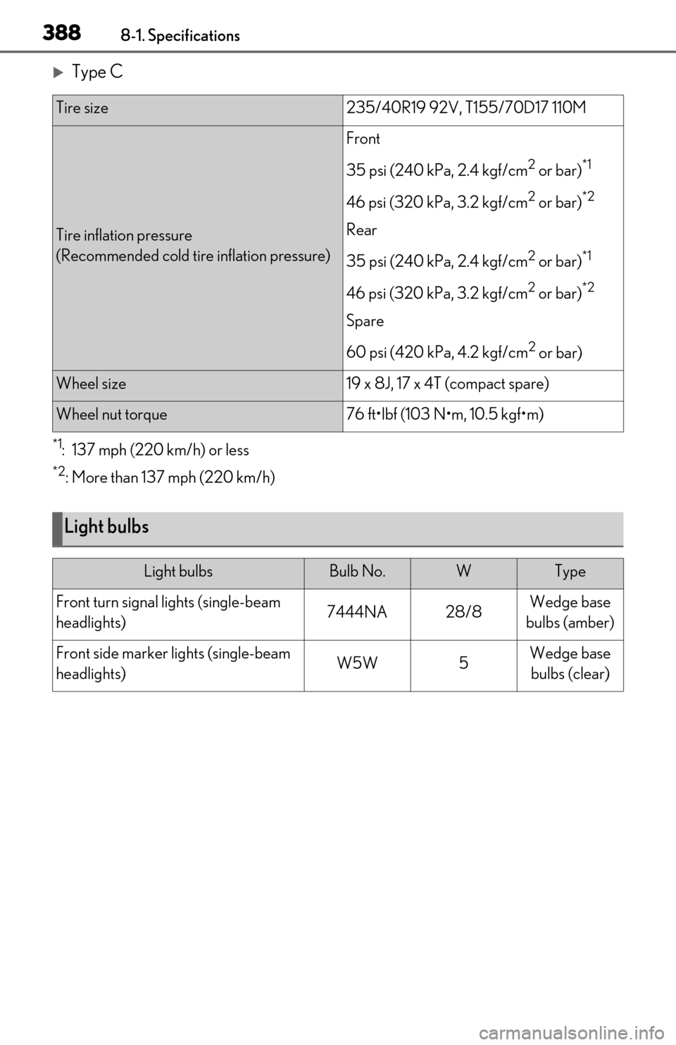 Lexus ES350 2019  Owners Manual / LEXUS 2019 ES350 OWNERS MANUAL (OM06130U) 3888-1. Specifications
Type C
*1: 137 mph (220 km/h) or less
*2: More than 137 mph (220 km/h)
Tire size235/40R19 92V, T155/70D17 110M
Tire inflation pressure 
(Recommended cold tire inflation press