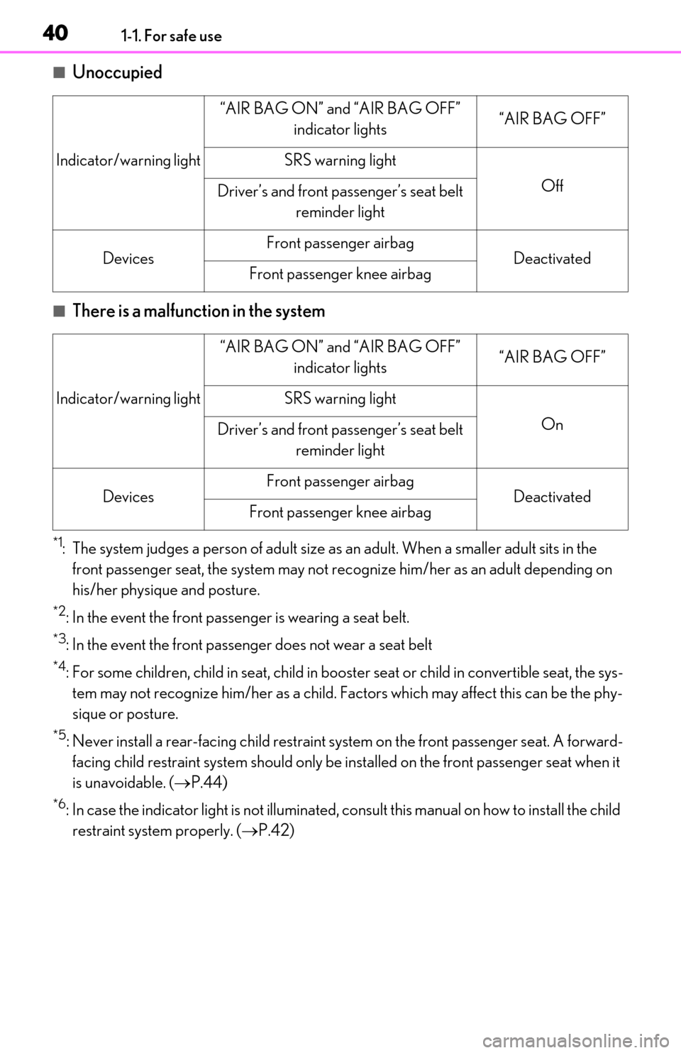 Lexus ES350 2019  Owners Manual / LEXUS 2019 ES350 OWNERS MANUAL (OM06130U) 401-1. For safe use
■Unoccupied
■There is a malfunction in the system
*1: The system judges a person of adult size as an adult. When a smaller adult sits in the 
front passenger seat, the system m