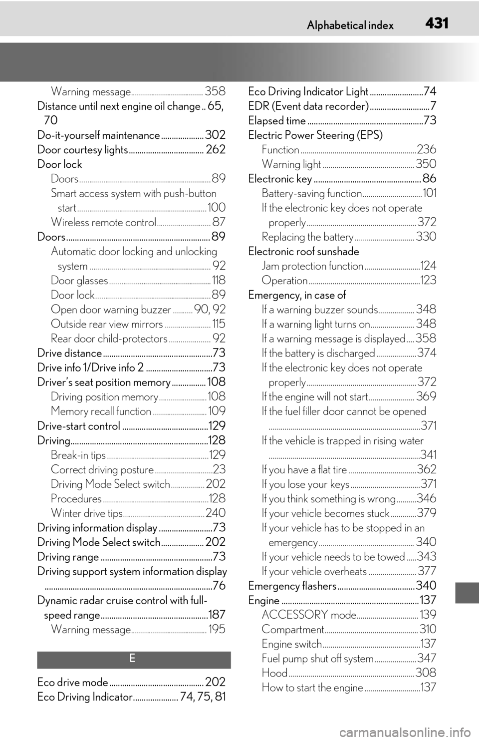 Lexus ES350 2019   / LEXUS 2019 ES350  (OM06130U) Service Manual 431What to do if... (Troubleshooting)Alphabetical index431
Warning message.................................... 358
Distance until next engine oil change .. 65,  70
Do-it-yourself maintenance .........