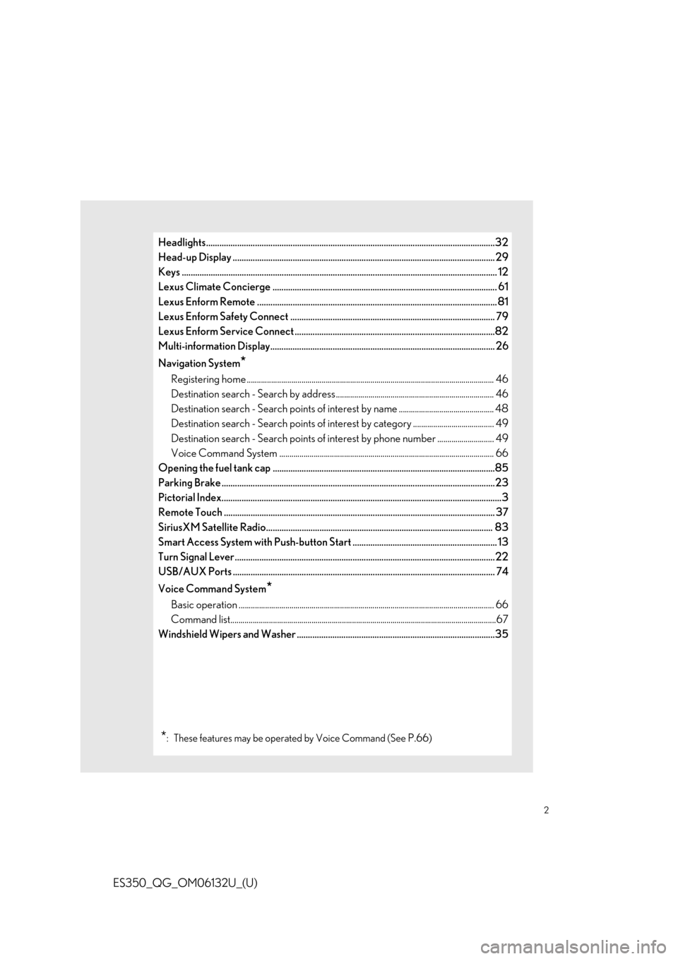 Lexus ES350 2019 Owners Mannual / LEXUS 2019 ES350 OWNERS MANUAL QUICK GUIDE (OM06132U) 2
ES350_QG_OM06132U_(U)
Headlights..................................................................................................................................32
Head-up Display ................. Lexus ES350 2019 Owners Mannual / LEXUS 2019 ES350 OWNERS MANUAL QUICK GUIDE (OM06132U) 2
ES350_QG_OM06132U_(U)
Headlights..................................................................................................................................32
Head-up Display .................