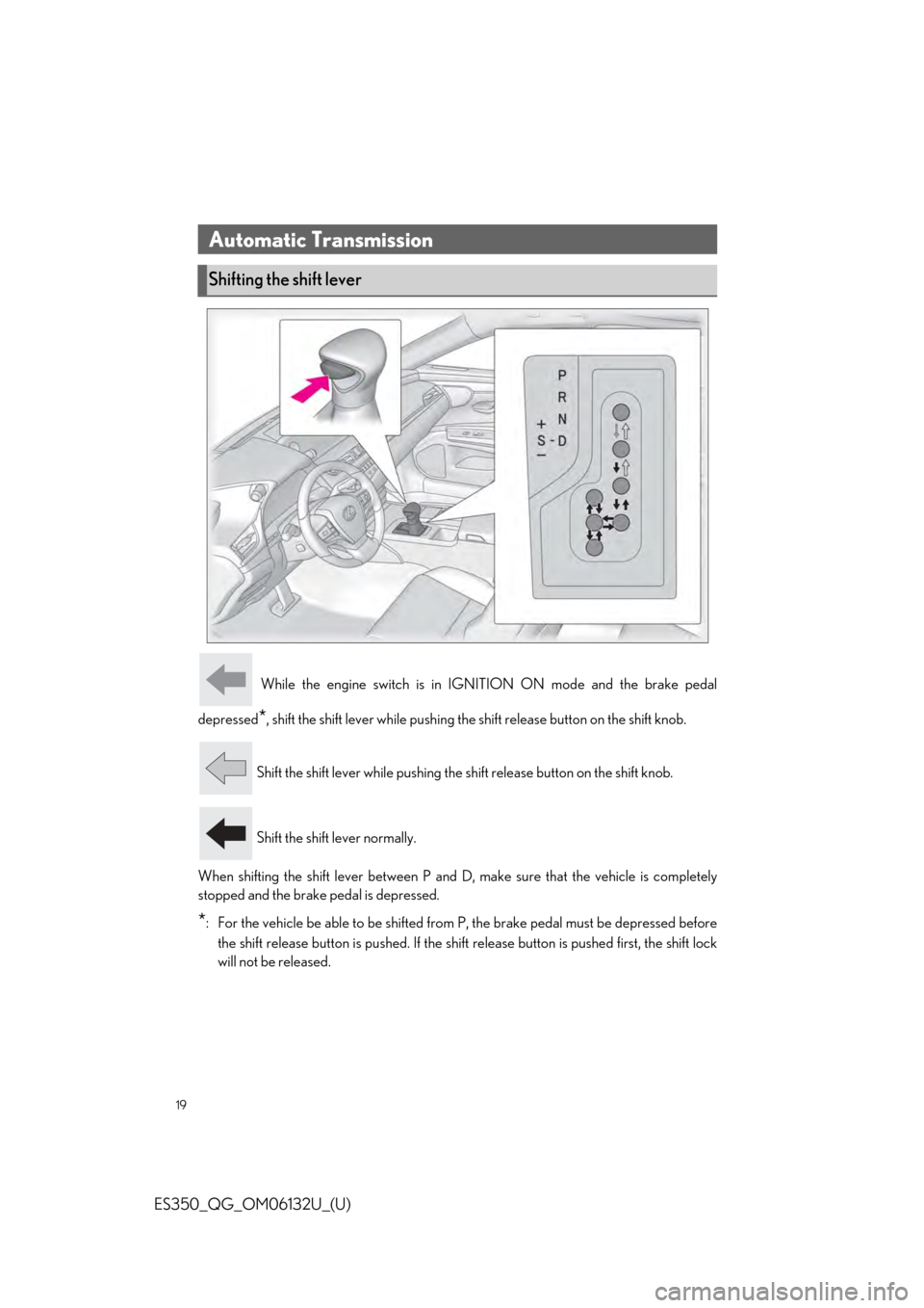 Lexus ES350 2019 Owners Mannual / LEXUS 2019 ES350 QUICK GUIDE (OM06132U) User Guide 19
ES350_QG_OM06132U_(U)
While the engine switch is in IGNITION ON mode and the brake pedal
depressed
*, shift the shift lever while pushing the shift release button on the shift knob.
Shift the shi Lexus ES350 2019 Owners Mannual / LEXUS 2019 ES350 QUICK GUIDE (OM06132U) User Guide 19
ES350_QG_OM06132U_(U)
While the engine switch is in IGNITION ON mode and the brake pedal
depressed
*, shift the shift lever while pushing the shift release button on the shift knob.
Shift the shi
