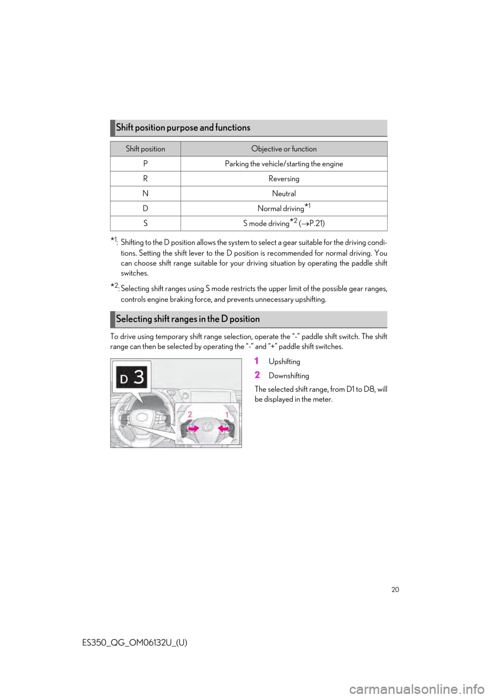 Lexus ES350 2019 Owners Mannual / LEXUS 2019 ES350 QUICK GUIDE (OM06132U) User Guide 20
ES350_QG_OM06132U_(U)
*1: Shifting to the D position allows the system to select a gear suitable for the driving condi-
tions. Setting the shift lever to the D position is recommended for normal dr Lexus ES350 2019 Owners Mannual / LEXUS 2019 ES350 QUICK GUIDE (OM06132U) User Guide 20
ES350_QG_OM06132U_(U)
*1: Shifting to the D position allows the system to select a gear suitable for the driving condi-
tions. Setting the shift lever to the D position is recommended for normal dr