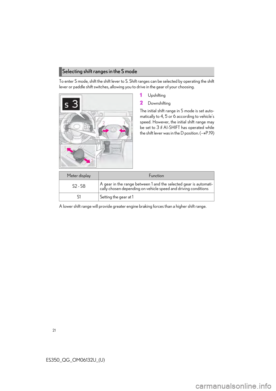 Lexus ES350 2019  Owners Mannual / LEXUS 2019 ES350  QUICK GUIDE (OM06132U) Owners Guide 21
ES350_QG_OM06132U_(U)
To enter S mode, shift the shift lever to S. Shift ranges can be selected by operating the shift
lever or paddle shift switches, allowing yo u to drive in the gear of your cho