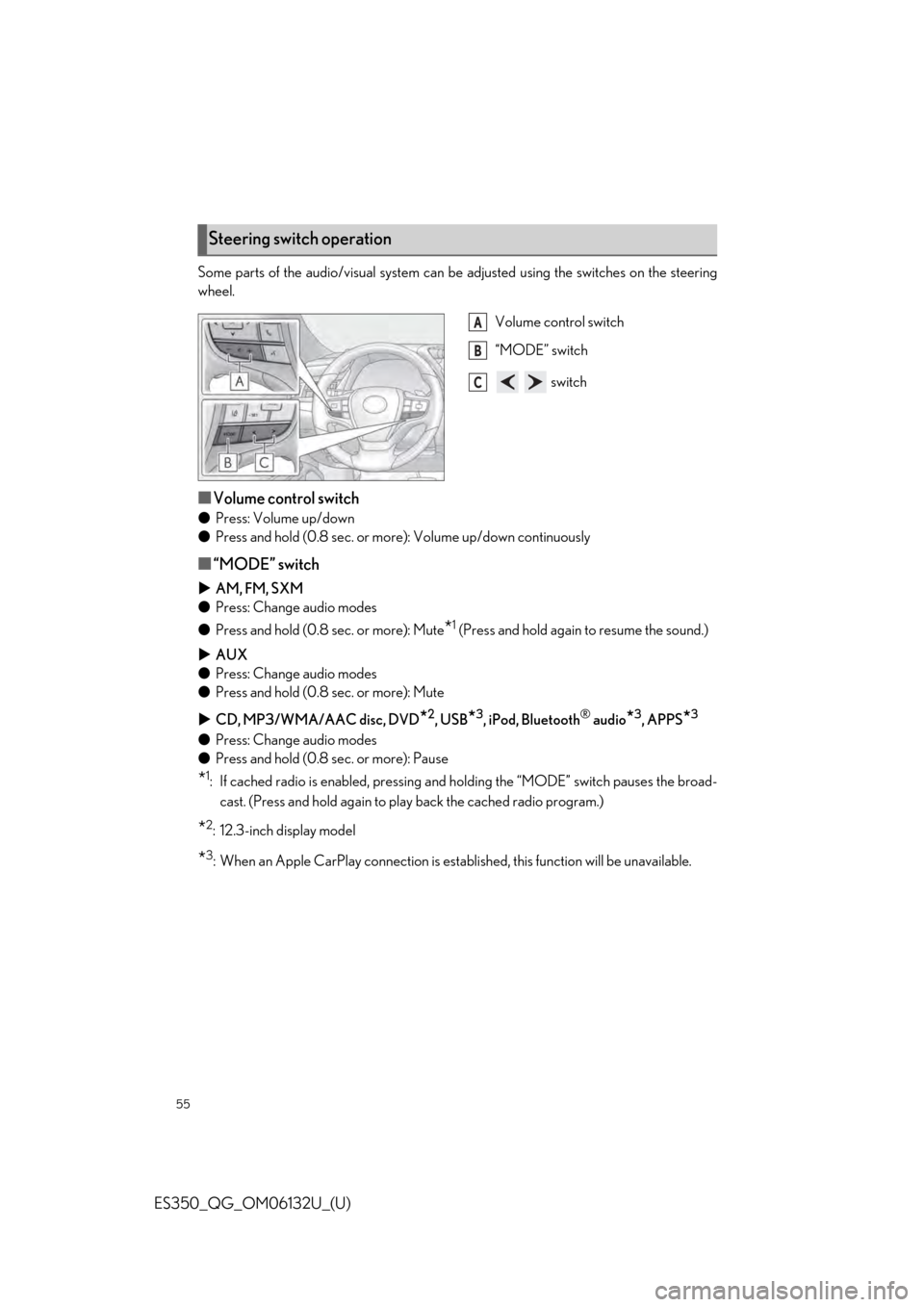 Lexus ES350 2019 Owners Mannual / LEXUS 2019 ES350 QUICK GUIDE (OM06132U) Workshop Manual 55
ES350_QG_OM06132U_(U)
Some parts of the audio/visual system can be adjusted using the switches on the steering
wheel.
Volume control switch
“MODE” switch
switch
■Volume control switch
●Pr Lexus ES350 2019 Owners Mannual / LEXUS 2019 ES350 QUICK GUIDE (OM06132U) Workshop Manual 55
ES350_QG_OM06132U_(U)
Some parts of the audio/visual system can be adjusted using the switches on the steering
wheel.
Volume control switch
“MODE” switch
switch
■Volume control switch
●Pr