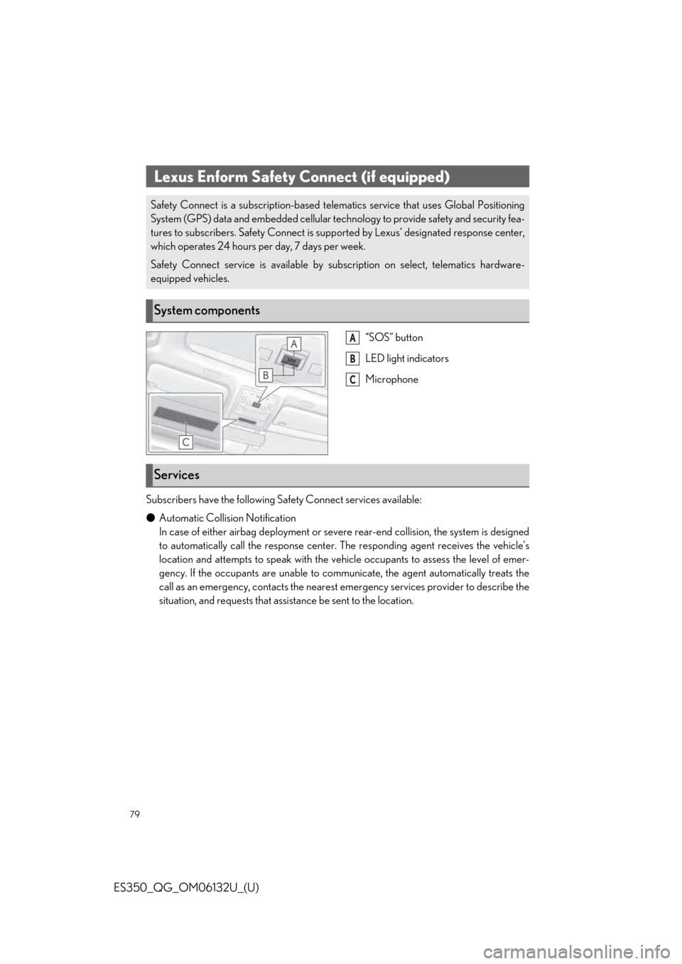 Lexus ES350 2019 Owners Mannual / LEXUS 2019 ES350 QUICK GUIDE (OM06132U) Manual PDF 79
ES350_QG_OM06132U_(U)
“SOS” button
LED light indicators
Microphone
Subscribers have the following Sa fety Connect services available:
● Automatic Collision Notification
In case of either airb Lexus ES350 2019 Owners Mannual / LEXUS 2019 ES350 QUICK GUIDE (OM06132U) Manual PDF 79
ES350_QG_OM06132U_(U)
“SOS” button
LED light indicators
Microphone
Subscribers have the following Sa fety Connect services available:
● Automatic Collision Notification
In case of either airb