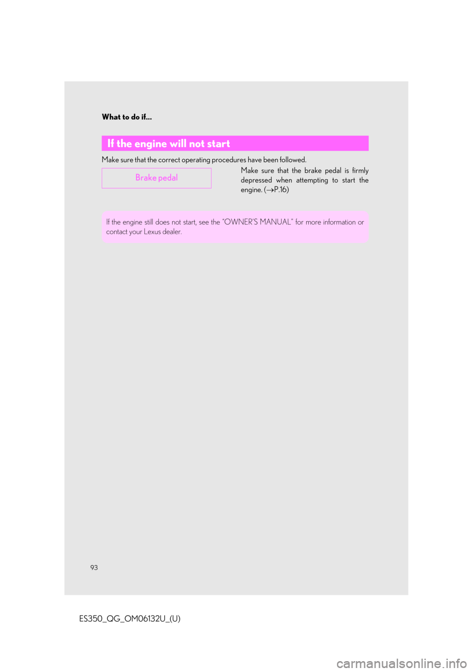 Lexus ES350 2019 Owners Mannual / LEXUS 2019 ES350 QUICK GUIDE (OM06132U) Owners Manual What to do if...
93
ES350_QG_OM06132U_(U)
Make sure that the correct operating procedures have been followed.Make sure that the brake pedal is firmly
depressed when attempting to start the
engine. ( Lexus ES350 2019 Owners Mannual / LEXUS 2019 ES350 QUICK GUIDE (OM06132U) Owners Manual What to do if...
93
ES350_QG_OM06132U_(U)
Make sure that the correct operating procedures have been followed.Make sure that the brake pedal is firmly
depressed when attempting to start the
engine. (