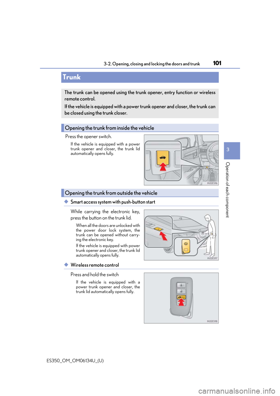 Lexus ES350 2018  Owners Manuals / LEXUS 2018 ES350 OWNERS MANUAL (OM06134U) 101
ES350_OM_OM06134U_(U)3-2. Opening, closing and 
locking the doors and trunk
3
Operation of each component
Trunk
Press the opener switch.
If the vehicle is equipped with a power
trunk opener and cl