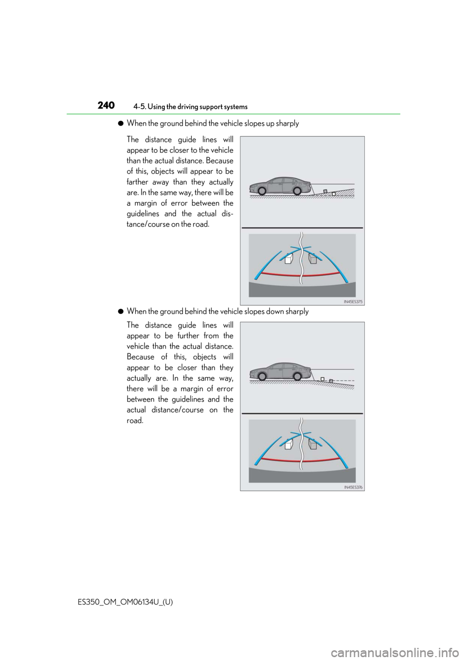Lexus ES350 2018  Owners Manuals / LEXUS 2018 ES350 OWNERS MANUAL (OM06134U) 240
ES350_OM_OM06134U_(U)4-5. Using the driving support systems
●When the ground behind the vehicle slopes up sharply
The distance guide lines will
appear to be closer to the vehicle
than the actual