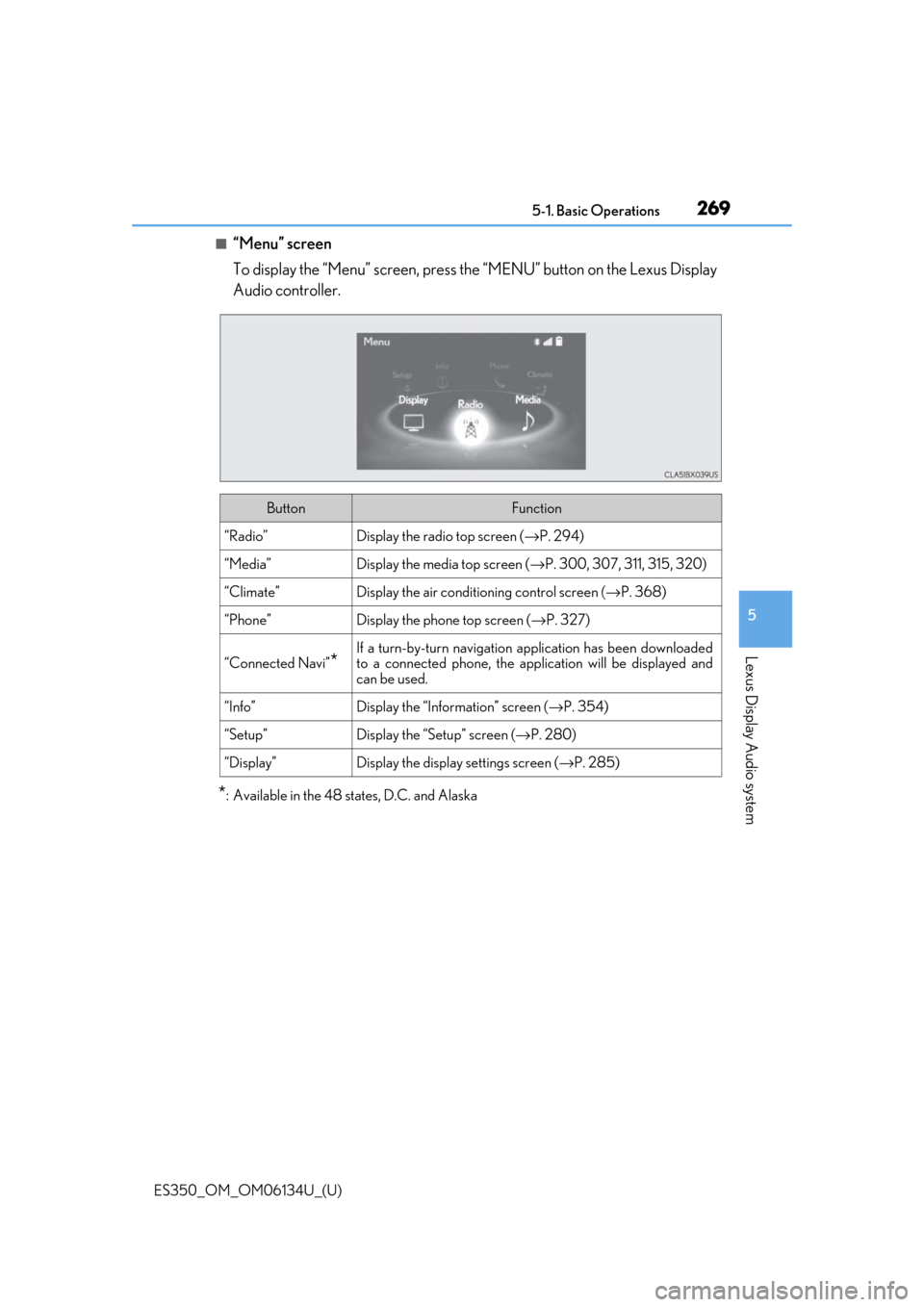 Lexus ES350 2018 Owners Manuals / LEXUS 2018 ES350 OWNERS MANUAL (OM06134U) ES350_OM_OM06134U_(U)
2695-1. Basic Operations
5
Lexus Display Audio system
■“Menu” screen
To display the “Menu” screen, press the “MENU” button on the Lexus Display
Audio controller.
*: Lexus ES350 2018 Owners Manuals / LEXUS 2018 ES350 OWNERS MANUAL (OM06134U) ES350_OM_OM06134U_(U)
2695-1. Basic Operations
5
Lexus Display Audio system
■“Menu” screen
To display the “Menu” screen, press the “MENU” button on the Lexus Display
Audio controller.
*: