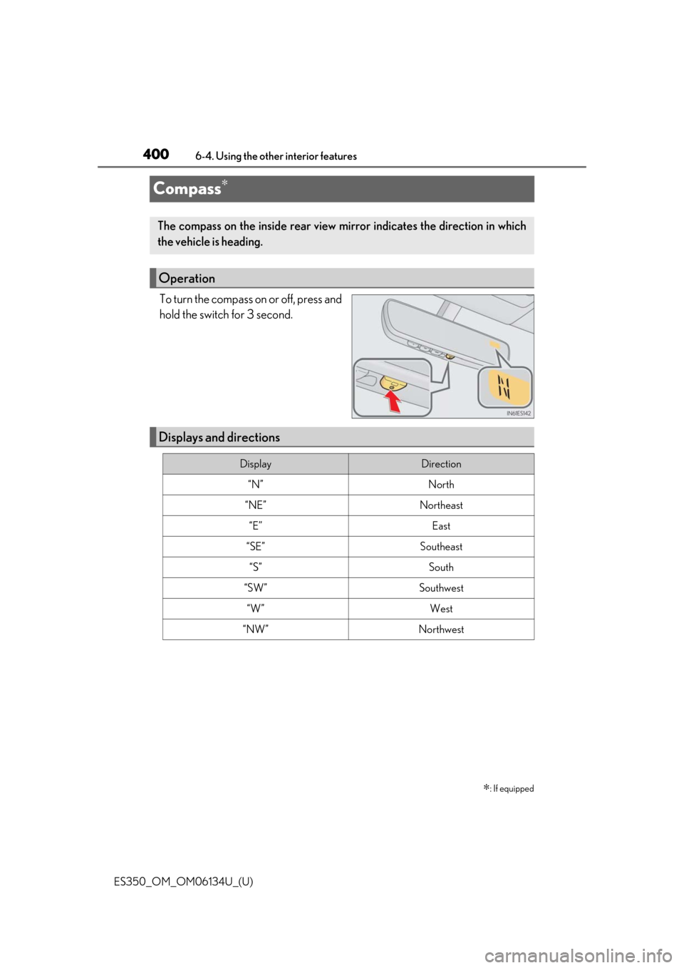 Lexus ES350 2018  Owners Manuals / LEXUS 2018 ES350 OWNERS MANUAL (OM06134U) 400
ES350_OM_OM06134U_(U)6-4. Using the other interior features
Compass∗
To turn the compass on or off, press and
hold the switch for 3 second.
∗: If equipped
The compass on the inside rear view 
