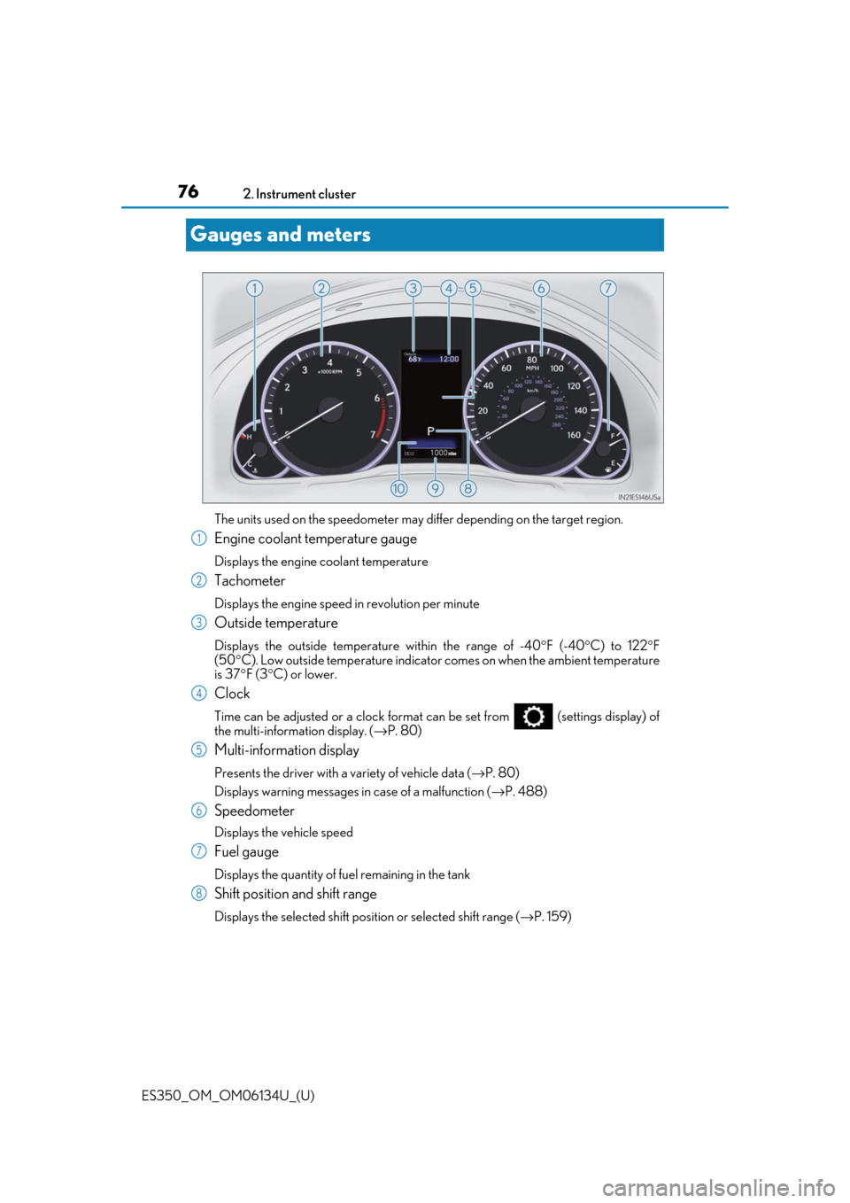 Lexus ES350 2018  s / LEXUS 2018 ES350  (OM06134U) Manual PDF 76
ES350_OM_OM06134U_(U)2. Instrument cluster
Gauges and meters
The units used on the speedometer may differ depending on the target region.
Engine coolant temperature gauge 
Displays the engine coola