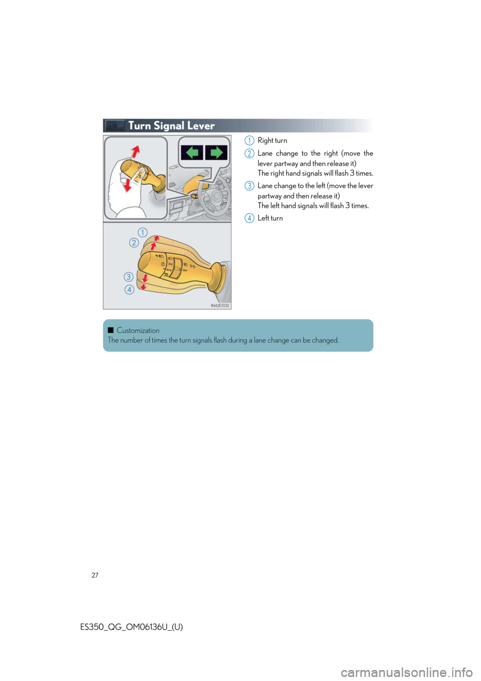 Lexus ES350 2018  Owners Mannual / LEXUS 2018 ES350 OWNERS MANUAL QUICK GUIDE (OM06136U) 27
ES350_QG_OM06136U_(U)
Turn Signal Lever
Right turn
Lane change to the right (move the
lever partway and then release it)
The right hand signal s will flash 3 times.
Lane change to the  left (move t
