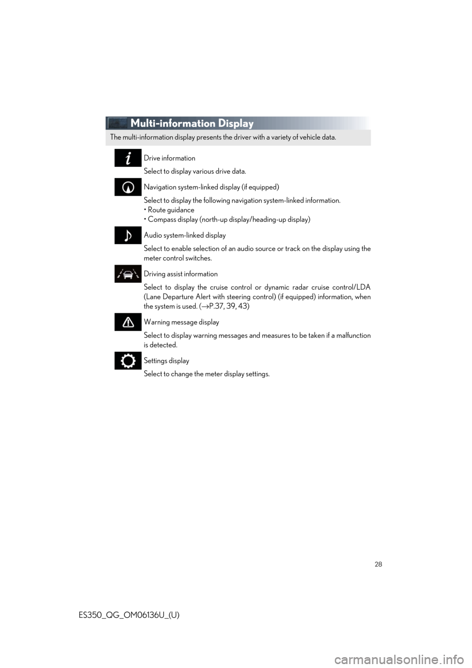 Lexus ES350 2018 Owners Mannual / LEXUS 2018 ES350 QUICK GUIDE (OM06136U) Owners Guide 28
ES350_QG_OM06136U_(U)
Multi-information Display
Drive information
Select to display various drive data.
Navigation system-linked display (if equipped)
Select to display the following navigation sys Lexus ES350 2018 Owners Mannual / LEXUS 2018 ES350 QUICK GUIDE (OM06136U) Owners Guide 28
ES350_QG_OM06136U_(U)
Multi-information Display
Drive information
Select to display various drive data.
Navigation system-linked display (if equipped)
Select to display the following navigation sys
