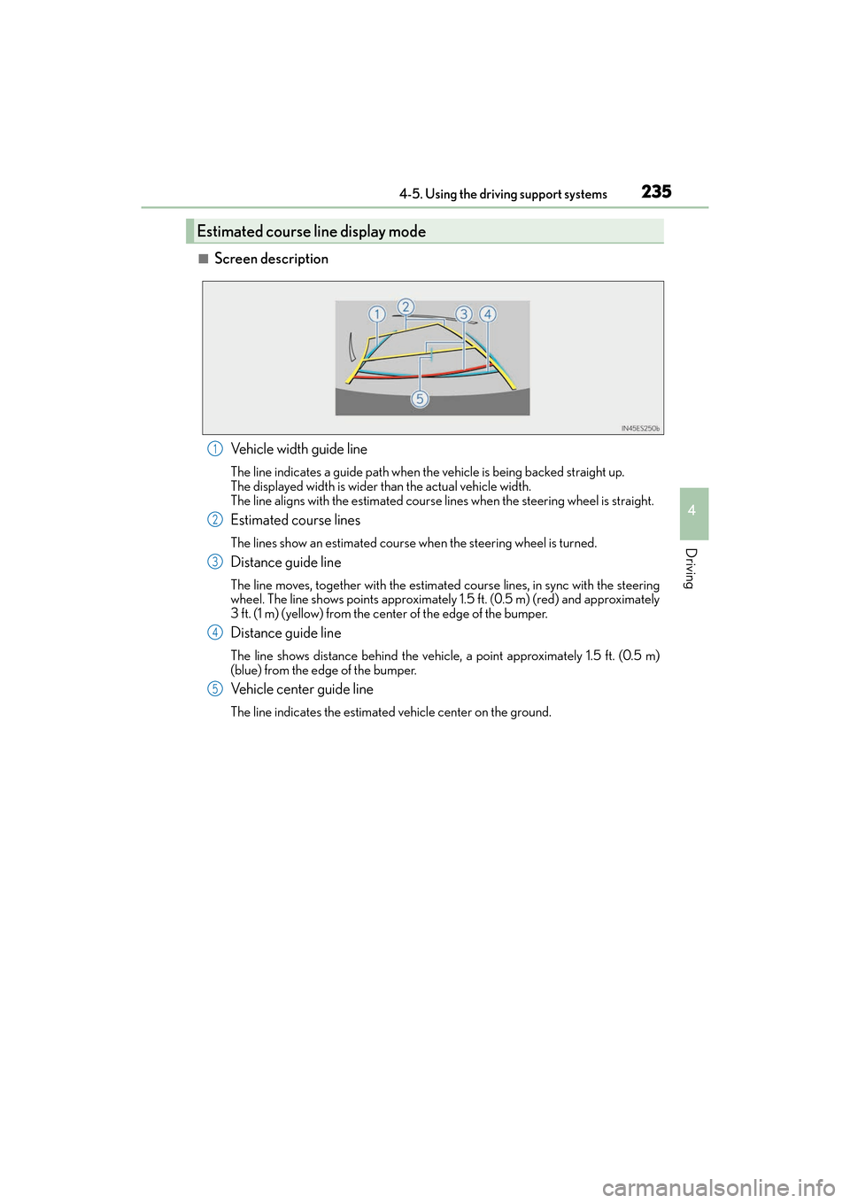 Lexus ES350 2017 Owners Manuals ES350_OM_OM33C68U_(U)
2354-5. Using the driving support systems
4
Driving
■Screen descriptionVehicle width guide line
The line indicates a guide path when the vehicle is being backed straight up.
Th Lexus ES350 2017 Owners Manuals ES350_OM_OM33C68U_(U)
2354-5. Using the driving support systems
4
Driving
■Screen descriptionVehicle width guide line
The line indicates a guide path when the vehicle is being backed straight up.
Th