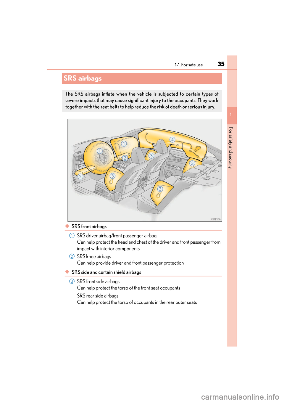 Lexus ES350 2017  Owners Manuals 351-1. For safe use
ES350_OM_OM33C68U_(U)
1
For safety and security
SRS airbags
◆SRS front airbags SRS driver airbag/front passenger airbag
Can help protect the head and chest of the driver and fron