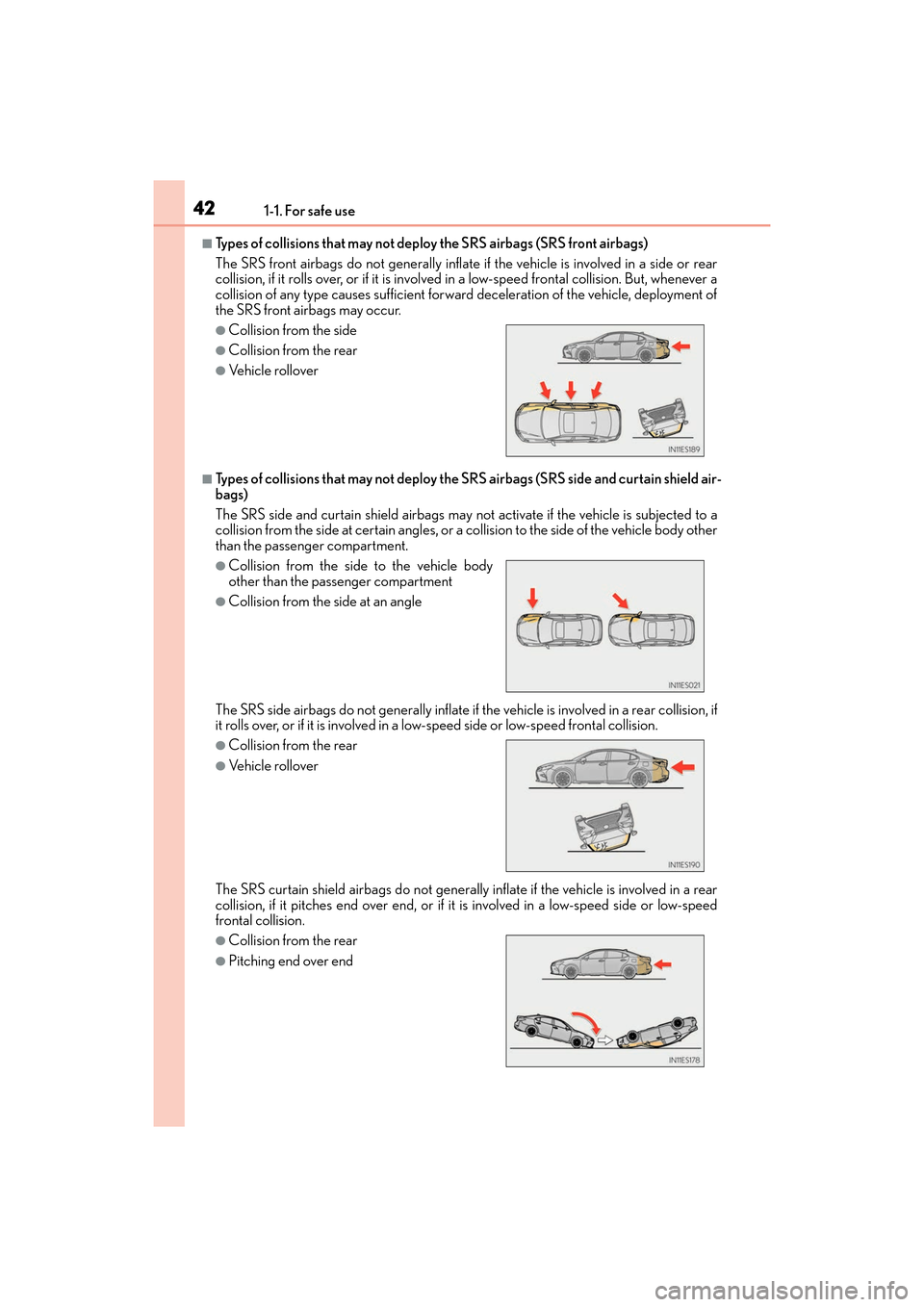 Lexus ES350 2017 s Service Manual 421-1. For safe use
ES350_OM_OM33C68U_(U)
■Types of collisions that may not deploy the SRS airbags (SRS front airbags)
The SRS front airbags do not generally inflate if the vehicle is involved in a Lexus ES350 2017 s Service Manual 421-1. For safe use
ES350_OM_OM33C68U_(U)
■Types of collisions that may not deploy the SRS airbags (SRS front airbags)
The SRS front airbags do not generally inflate if the vehicle is involved in a