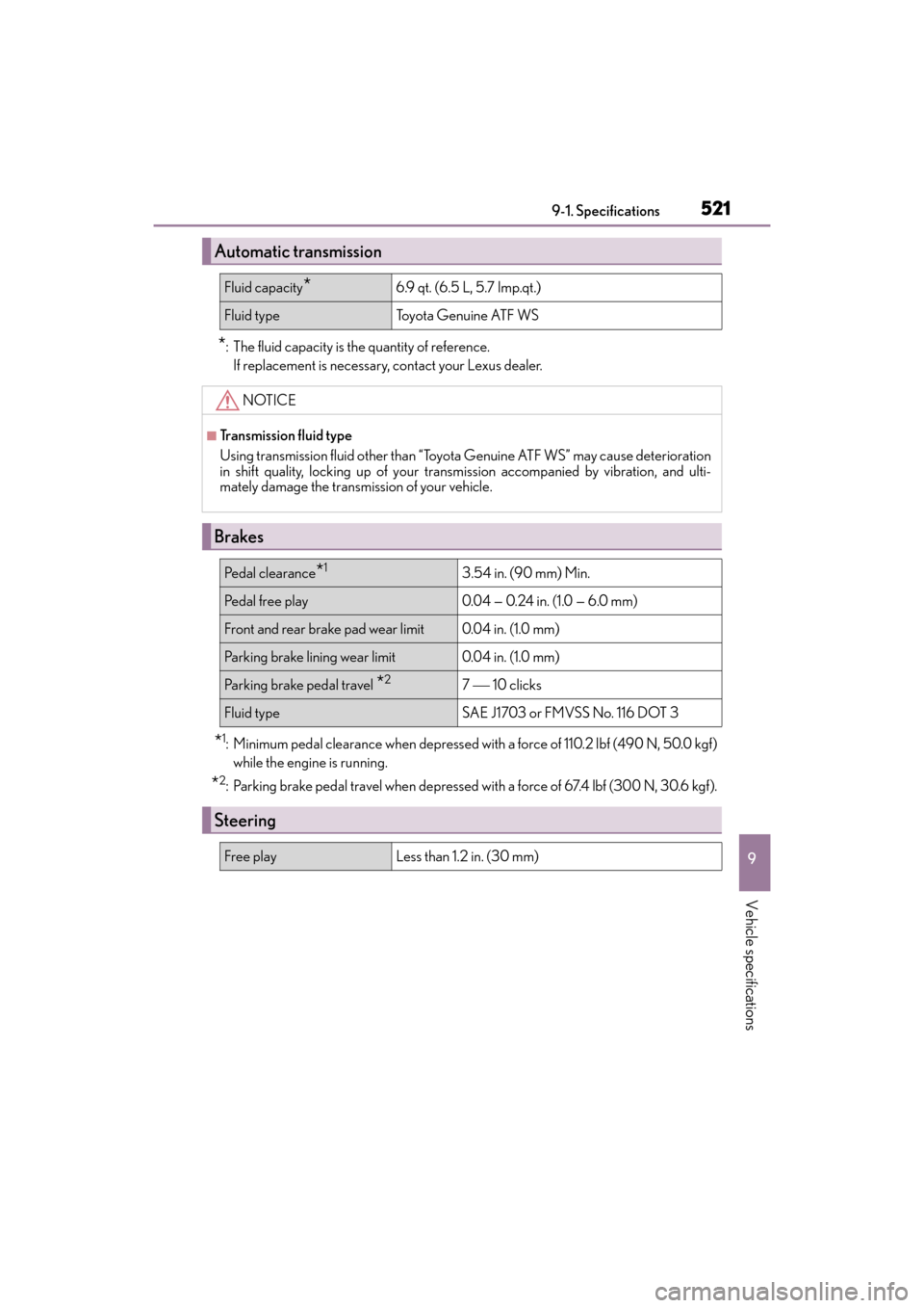 Lexus ES350 2017  Owners Manuals ES350_OM_OM33C68U_(U)
5219-1. Specifications
9
Vehicle specifications
*: The fluid capacity is the quantity of reference.If replacement is necessary, contact your Lexus dealer.
*1: Minimum pedal clear