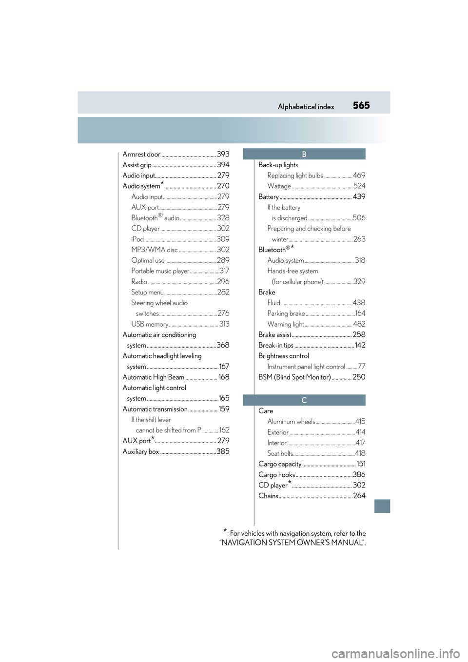 Lexus ES350 2017  Owners Manuals 565Alphabetical index
ES350_OM_OM33C68U_(U)
Armrest door ......................................... 393
Assist grip ................................................ 394
Audio input.....................