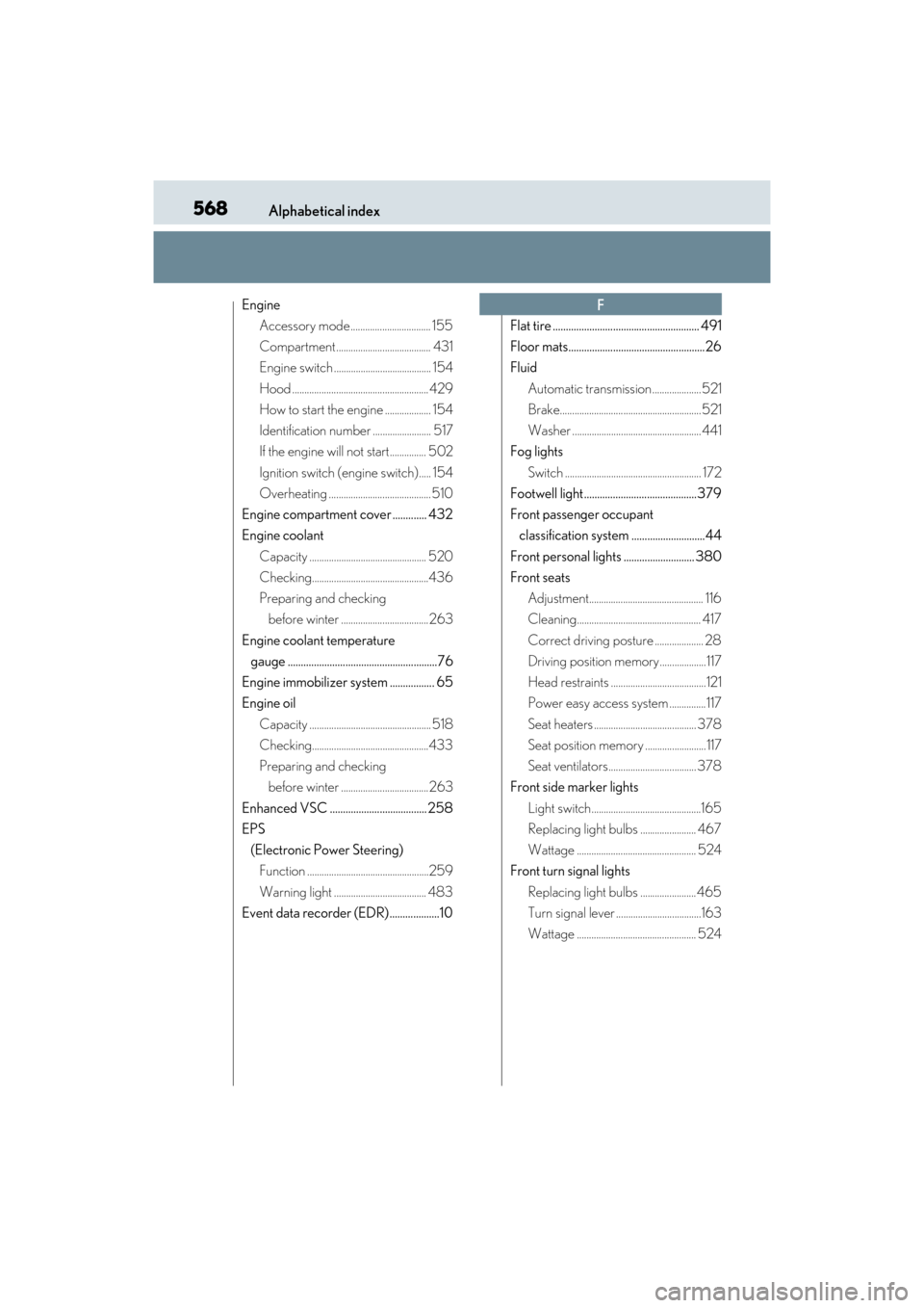 Lexus ES350 2017  Owners Manuals 568Alphabetical index
ES350_OM_OM33C68U_(U)
EngineAccessory mode................................. 155
Compartment ....................................... 431
Engine switch ............................