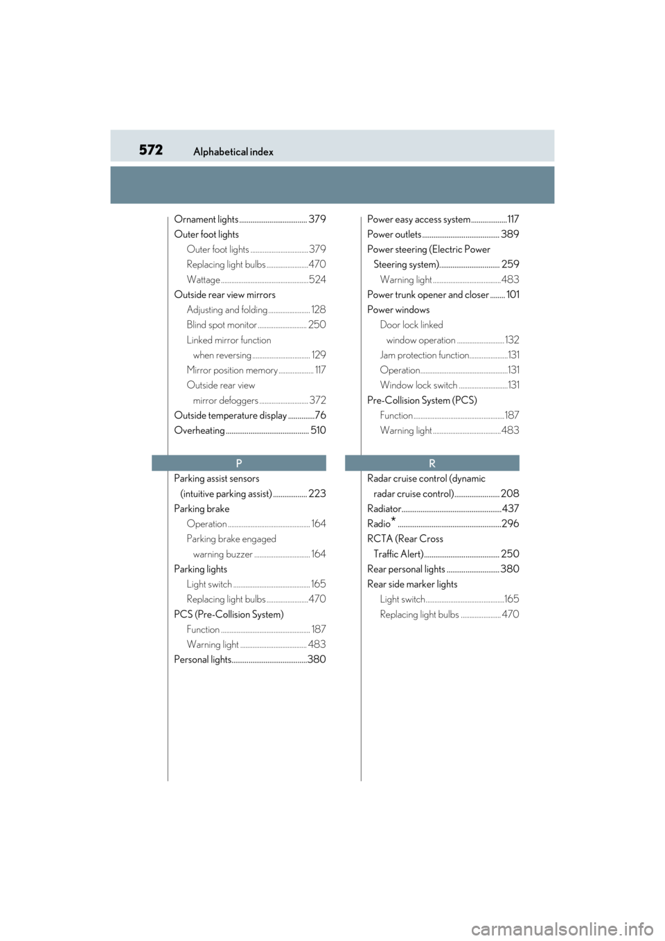 Lexus ES350 2017  Owners Manuals 572Alphabetical index
ES350_OM_OM33C68U_(U)
Ornament lights .................................... 379
Outer foot lightsOuter foot lights ................................. 379
Replacing light bulbs ....