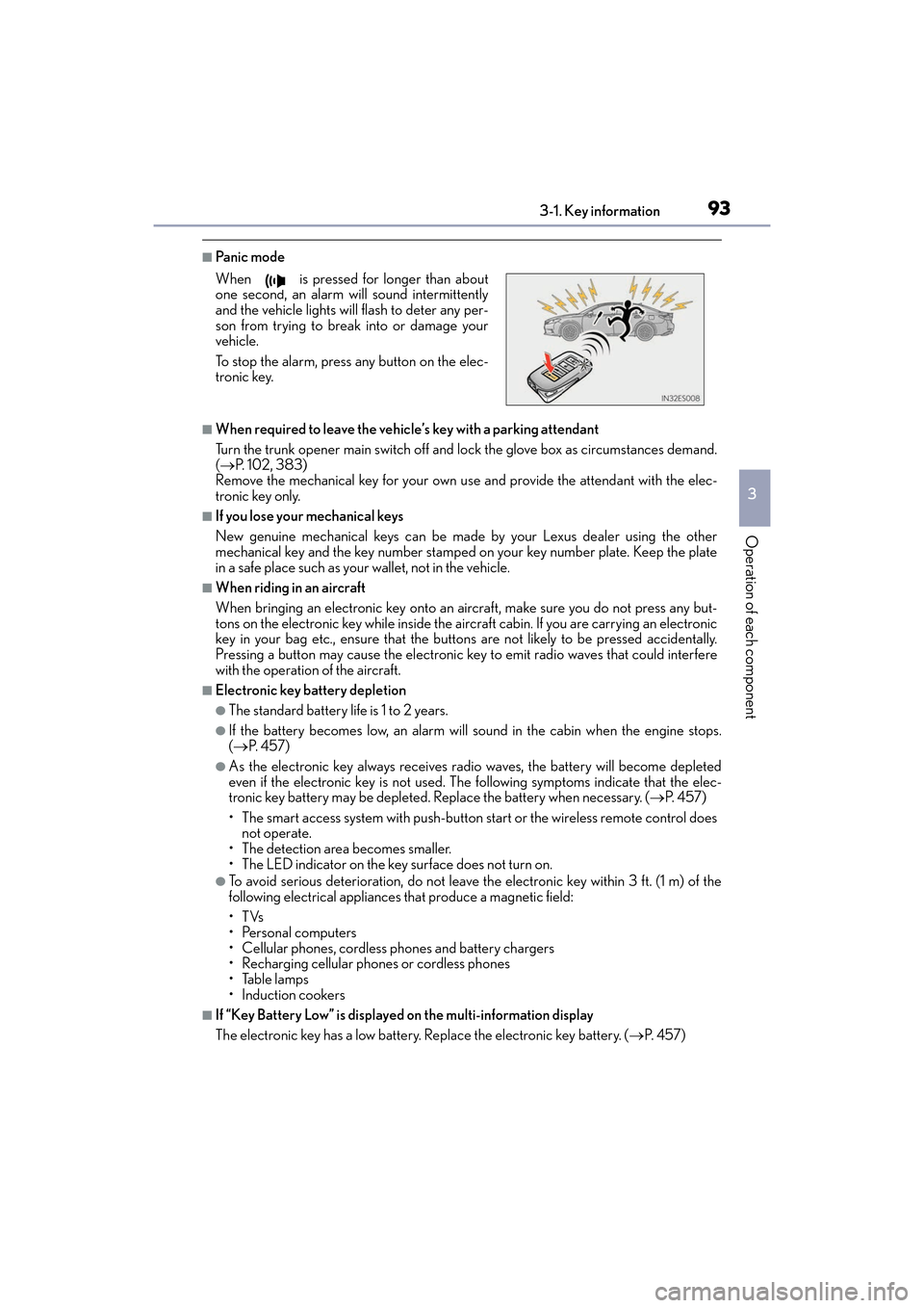 Lexus ES350 2017  Owners Manuals ES350_OM_OM33C68U_(U)
933-1. Key information
3
Operation of each component
■Pa ni c  m o d e
■When required to leave the vehicle’s key with a parking attendant
Turn the trunk opener main switch 