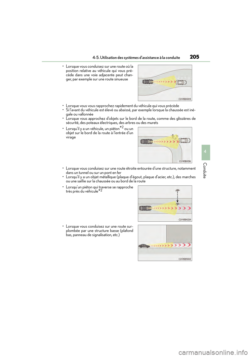 Lexus ES350 2017  Manuel du propriétaire (in French) ES350_OM_OM33C68D_(D)
2054-5. Utilisation des systèmes d’assistance à la conduite
4
Conduite
• Lorsque vous vous rapprochez rapidement du véhicule qui vous précède
• Si l’avant du véhicu