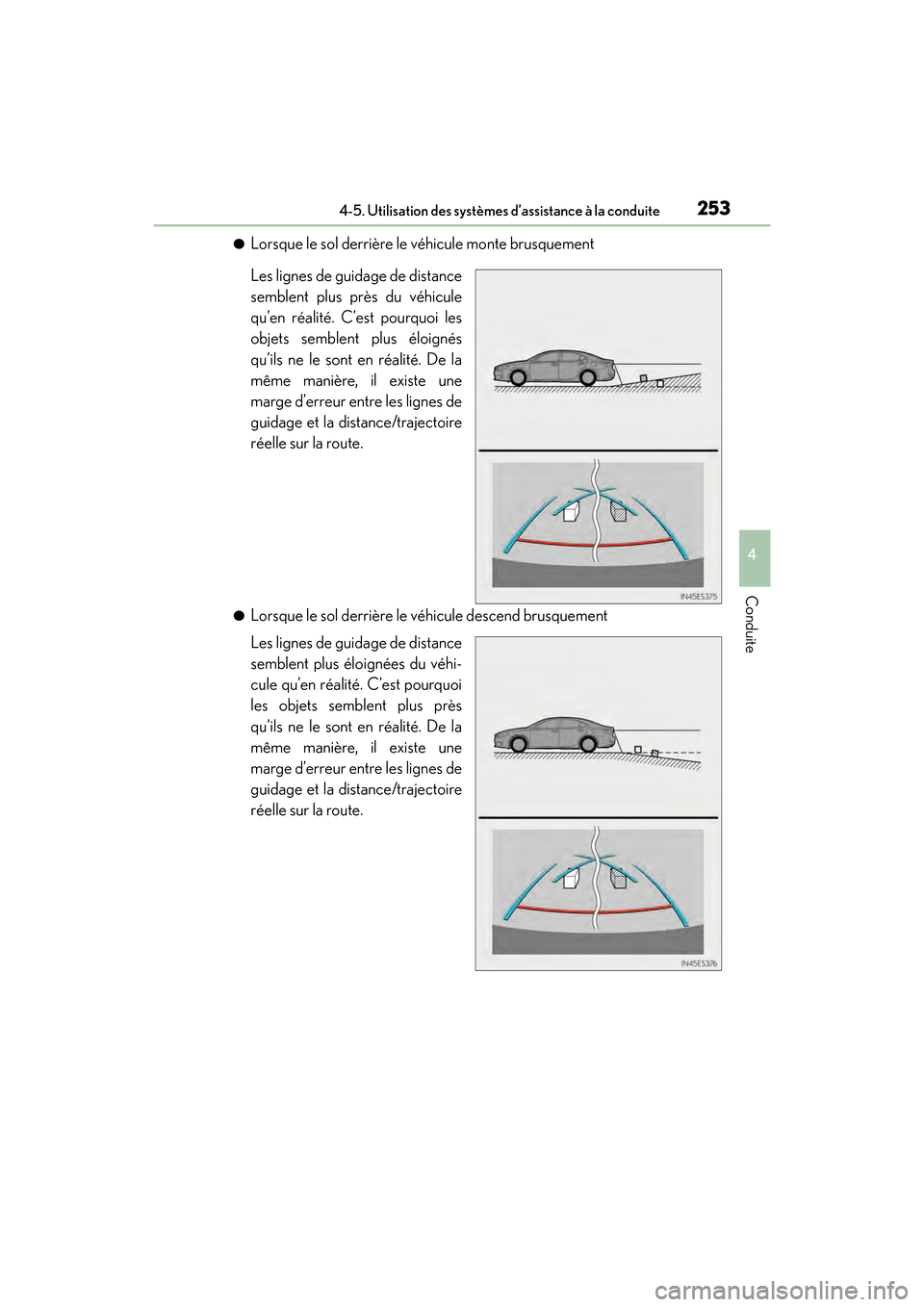 Lexus ES350 2017  Manuel du propriétaire (in French) ES350_OM_OM33C68D_(D)
2534-5. Utilisation des systèmes d’assistance à la conduite
4
Conduite
●Lorsque le sol derrière le véhicule monte brusquement
Les lignes de guidage de distance
semblent p