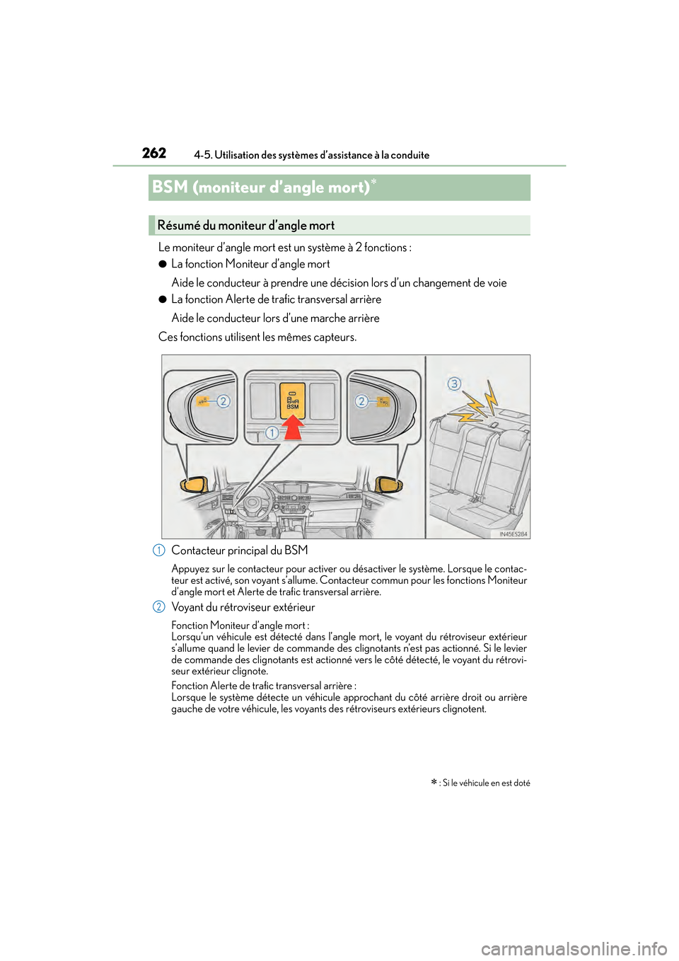Lexus ES350 2017  Manuel du propriétaire (in French) 262
ES350_OM_OM33C68D_(D)4-5. Utilisation des systèmes d’assistance à la conduite
BSM (moniteur d’angle mort)∗
Le moniteur d’angle mort est un système à 2 fonctions :
●La fonction Monite