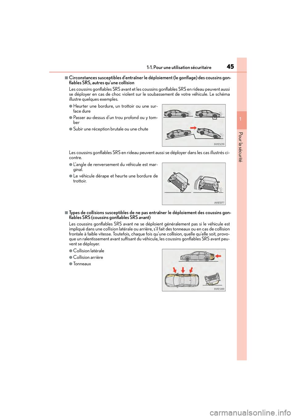 Lexus ES350 2017 Manuel du propriétaire (in French) 451-1. Pour une utilisation sécuritaire
ES350_OM_OM33C68D_(D)
1
Pour la sécurité
■Circonstances susceptibles d’entraîner le déploiement (le gonflage) des coussins gon-
flables SRS, autres qu Lexus ES350 2017 Manuel du propriétaire (in French) 451-1. Pour une utilisation sécuritaire
ES350_OM_OM33C68D_(D)
1
Pour la sécurité
■Circonstances susceptibles d’entraîner le déploiement (le gonflage) des coussins gon-
flables SRS, autres qu
