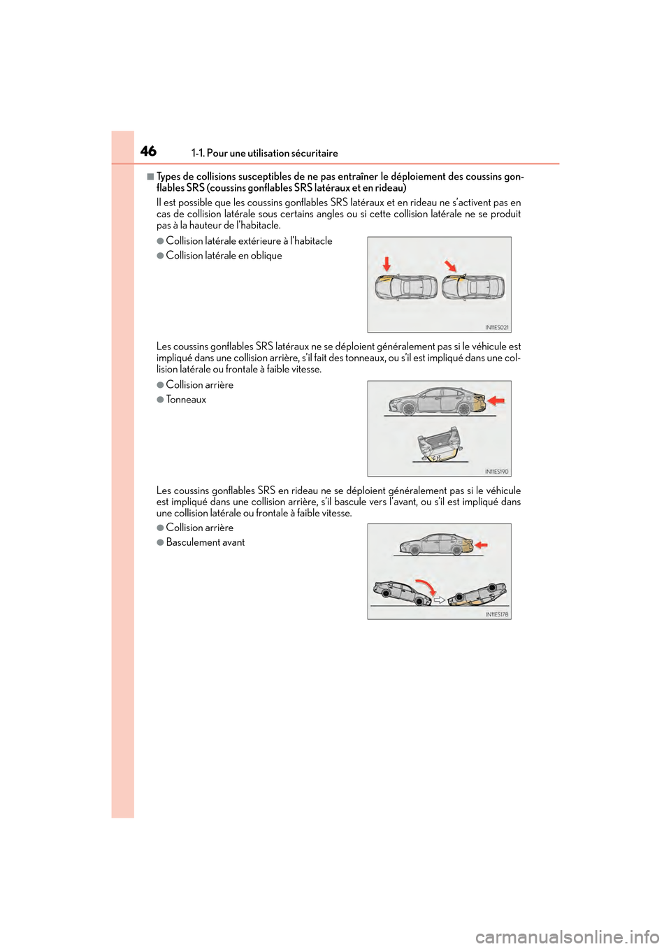 Lexus ES350 2017 Manuel du propriétaire (in French) 461-1. Pour une utilisation sécuritaire
ES350_OM_OM33C68D_(D)
■Types de collisions susceptibles de ne pas entraîner le déploiement des coussins gon-
flables SRS (coussins gonflables SRS latéraux Lexus ES350 2017 Manuel du propriétaire (in French) 461-1. Pour une utilisation sécuritaire
ES350_OM_OM33C68D_(D)
■Types de collisions susceptibles de ne pas entraîner le déploiement des coussins gon-
flables SRS (coussins gonflables SRS latéraux