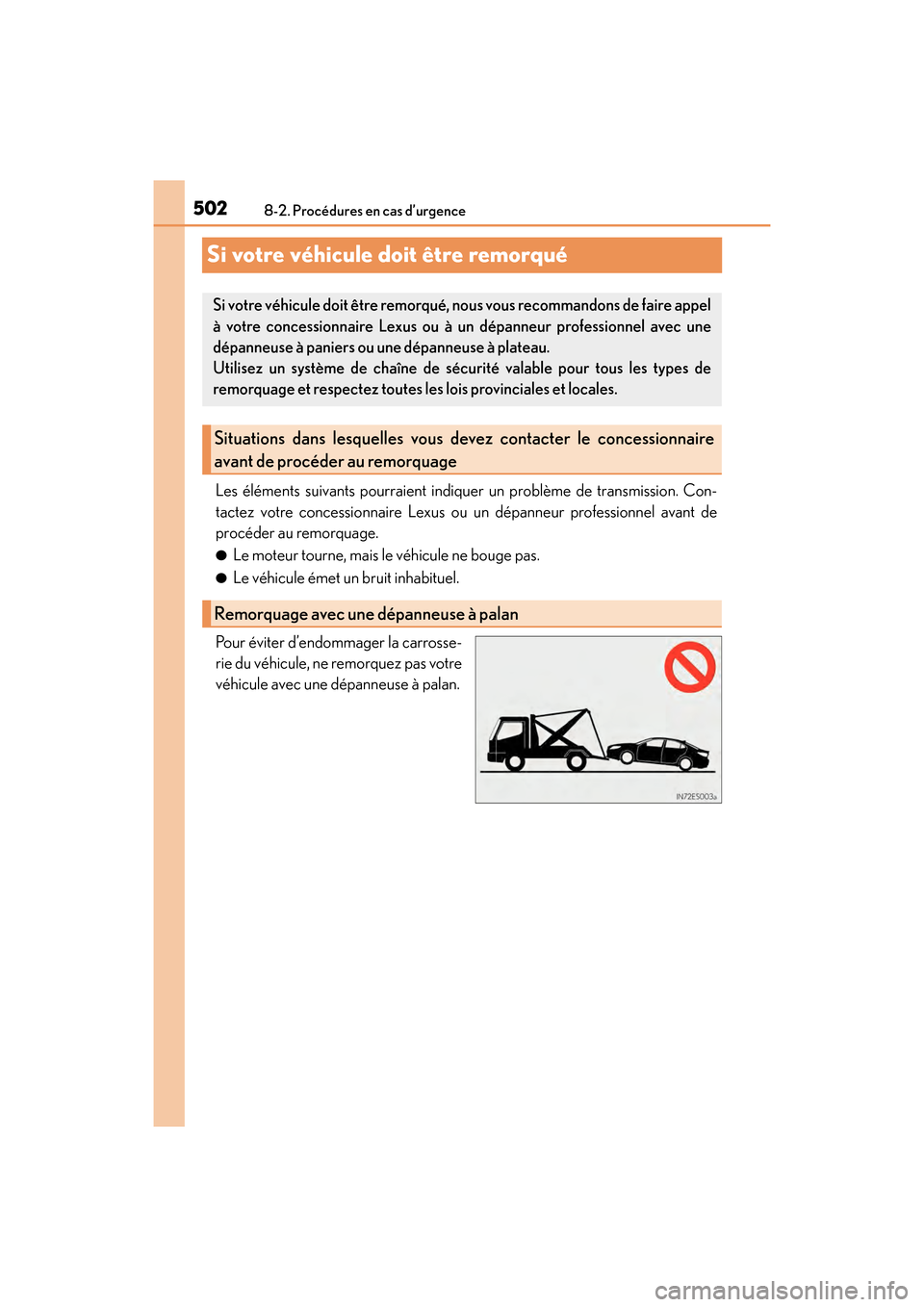 Lexus ES350 2017  Manuel du propriétaire (in French) 502
ES350_OM_OM33C68D_(D)8-2. Procédures en cas d’urgence
Si votre véhicule doit être remorqué
Les éléments suivants pourraient indiquer un problème de transmission. Con-
tactez votre concess