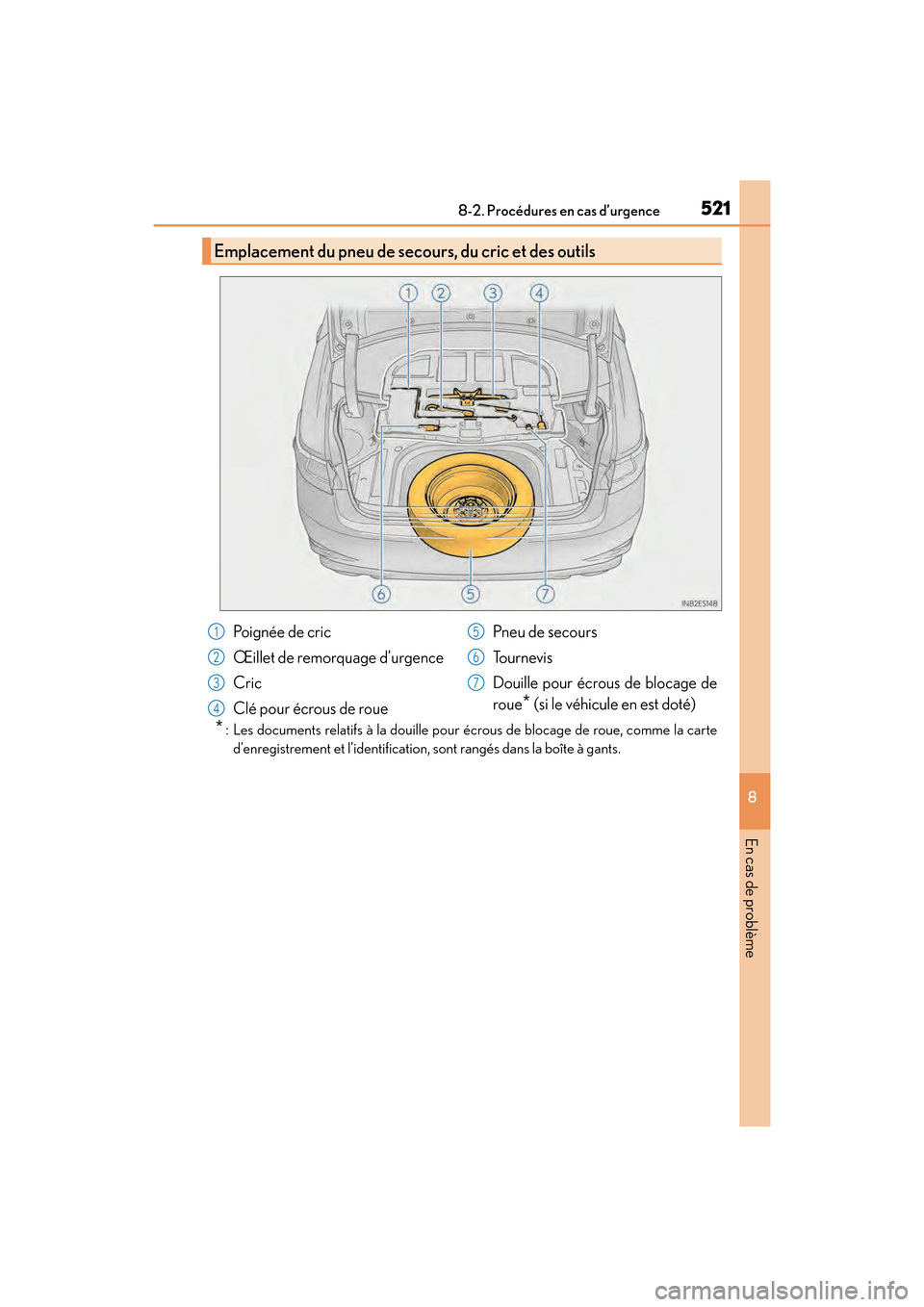 Lexus ES350 2017  Manuel du propriétaire (in French) 5218-2. Procédures en cas d’urgence
ES350_OM_OM33C68D_(D)
8
En cas de problème
* : Les documents relatifs à la douille pour écrous de blocage de roue, comme la carte d’enregistrement et l’id