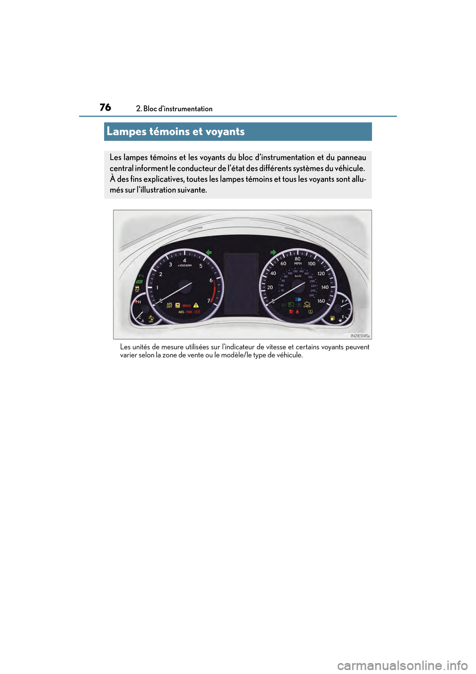 Lexus ES350 2017  Manuel du propriétaire (in French) 76
ES350_OM_OM33C68D_(D)2. Bloc d’instrumentation
Lampes témoins et voyants
Les unités de mesure utilisées sur l’indicateur de vitesse et certains voyants peuvent
varier selon la zone de vente 