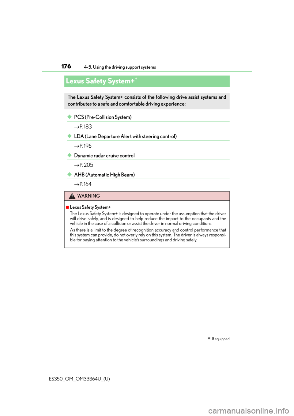 Lexus ES350 2016  Owners Manuals /  LEXUS 2016 ES350 OWNERS MANUAL (OM33B64U) 176
ES350_OM_OM33B64U_(U)4-5. Using the driving support systems
Lexus Safety System+
◆PCS (Pre-Collision System)

P.  1 8 3
◆LDA (Lane Departure Alert with steering control)
P.  1 9 6
◆