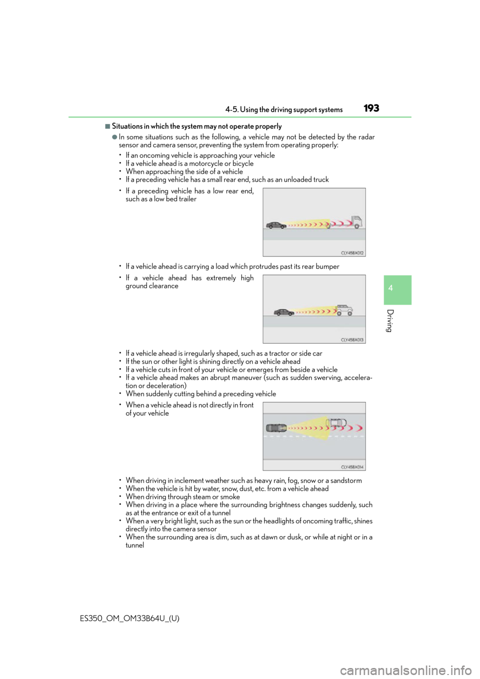 Lexus ES350 2016  Owners Manuals /  LEXUS 2016 ES350 OWNERS MANUAL (OM33B64U) ES350_OM_OM33B64U_(U)
1934-5. Using the driving support systems
4
Driving
■Situations in which the system may not operate properly
●In some situations such as the following, a vehicle may not be d