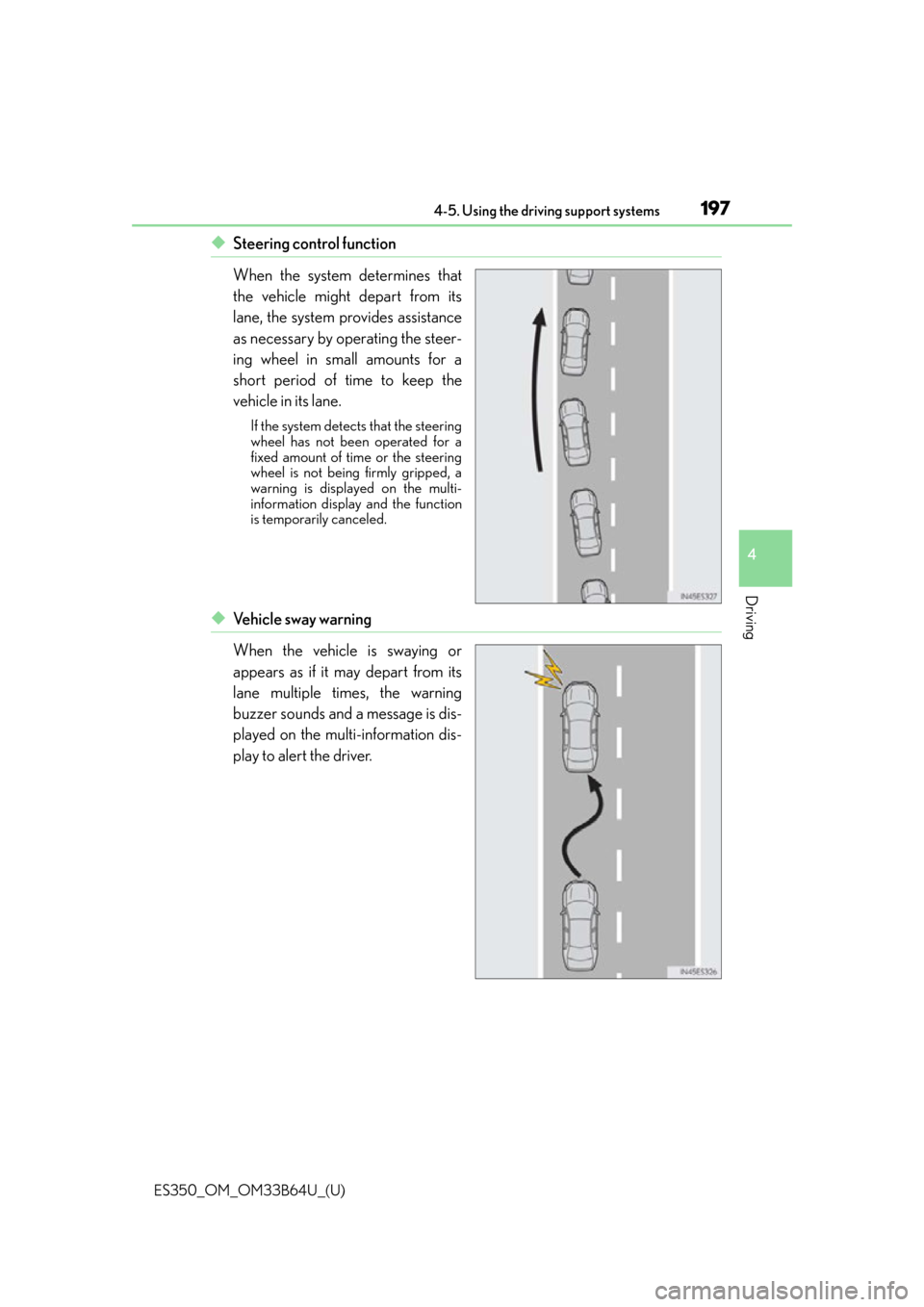 Lexus ES350 2016 Owners Manuals / LEXUS 2016 ES350 OWNERS MANUAL (OM33B64U) ES350_OM_OM33B64U_(U)
1974-5. Using the driving support systems
4
Driving
◆Steering control function
When the system determines that
the vehicle might depart from its
lane, the system provides assis Lexus ES350 2016 Owners Manuals / LEXUS 2016 ES350 OWNERS MANUAL (OM33B64U) ES350_OM_OM33B64U_(U)
1974-5. Using the driving support systems
4
Driving
◆Steering control function
When the system determines that
the vehicle might depart from its
lane, the system provides assis