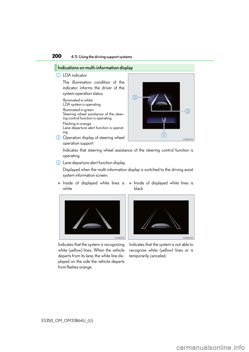 Lexus ES350 2016 Owners Manuals / LEXUS 2016 ES350 OWNERS MANUAL (OM33B64U) 200
ES350_OM_OM33B64U_(U)4-5. Using the driving support systems
LDA indicator
The illumination condition of the
indicator informs the driver of the
system operation status.
Illuminated in white:
LDA Lexus ES350 2016 Owners Manuals / LEXUS 2016 ES350 OWNERS MANUAL (OM33B64U) 200
ES350_OM_OM33B64U_(U)4-5. Using the driving support systems
LDA indicator
The illumination condition of the
indicator informs the driver of the
system operation status.
Illuminated in white:
LDA