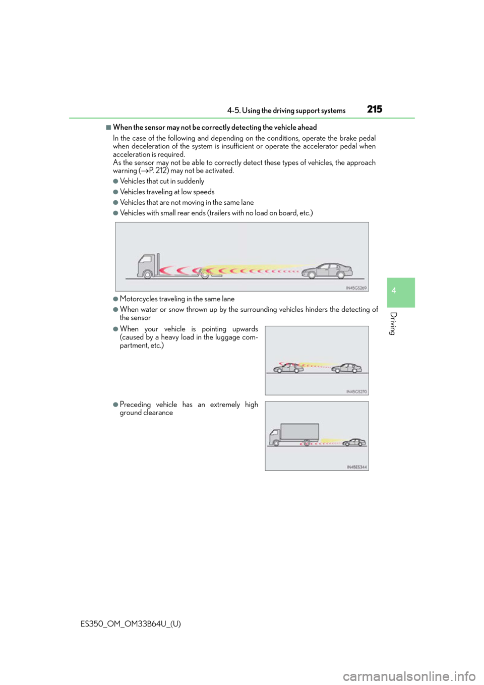 Lexus ES350 2016  Owners Manuals /  LEXUS 2016 ES350 OWNERS MANUAL (OM33B64U) ES350_OM_OM33B64U_(U)
2154-5. Using the driving support systems
4
Driving
■When the sensor may not be correctly detecting the vehicle ahead
In the case of the following and depending on the conditio