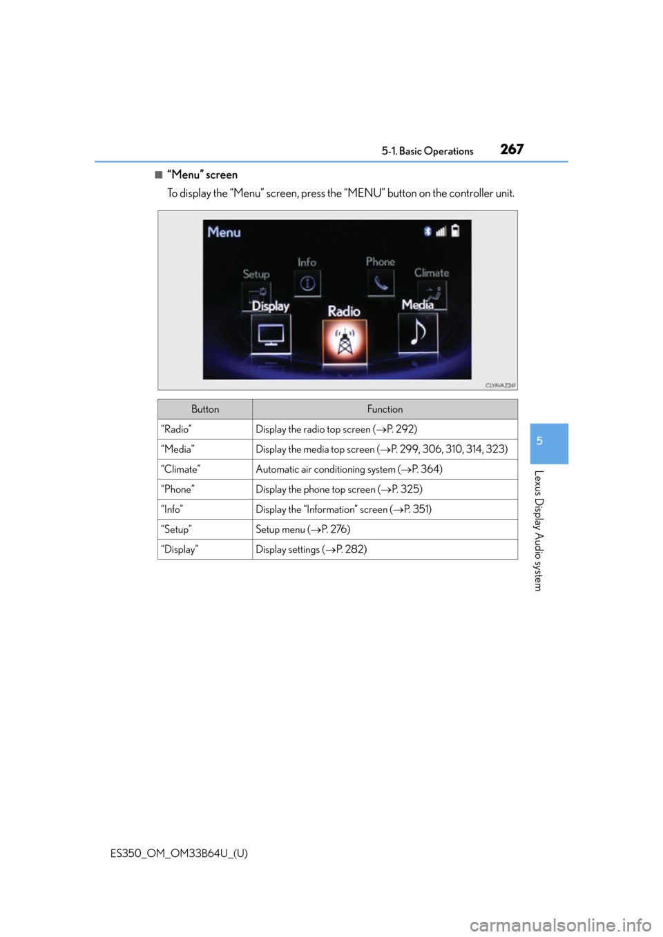 Lexus ES350 2016 Owners Manuals / LEXUS 2016 ES350 OWNERS MANUAL (OM33B64U) ES350_OM_OM33B64U_(U)
2675-1. Basic Operations
5
Lexus Display Audio system
■“Menu” screen
To display the “Menu” screen, press the “MENU” button on the controller unit.
ButtonFunction
Lexus ES350 2016 Owners Manuals / LEXUS 2016 ES350 OWNERS MANUAL (OM33B64U) ES350_OM_OM33B64U_(U)
2675-1. Basic Operations
5
Lexus Display Audio system
■“Menu” screen
To display the “Menu” screen, press the “MENU” button on the controller unit.
ButtonFunction