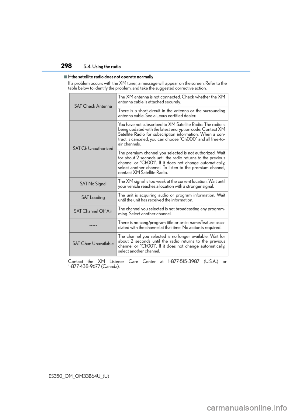 Lexus ES350 2016  Owners Manuals /  LEXUS 2016 ES350 OWNERS MANUAL (OM33B64U) 2985-4. Using the radio
ES350_OM_OM33B64U_(U)
■If the satellite radio does not operate normally
If a problem occurs with the XM tuner, a me ssage will appear on the screen. Refer to the
table below 