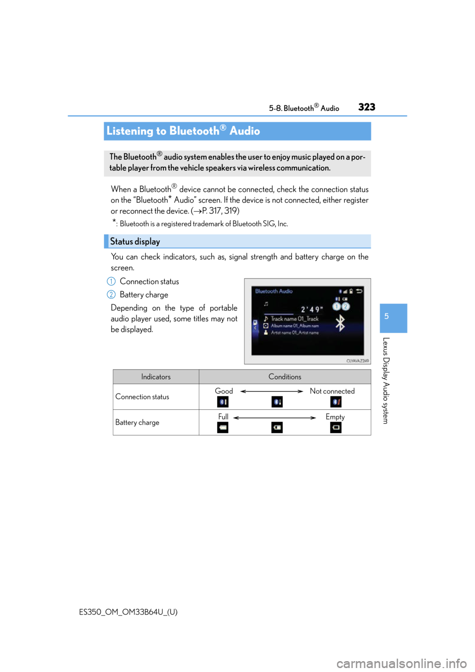 Lexus ES350 2016  Owners Manuals /  LEXUS 2016 ES350 OWNERS MANUAL (OM33B64U) 323
ES350_OM_OM33B64U_(U)5-8. Bluetooth
® Audio
5
Lexus Display Audio system
Listening to Bluetooth® Audio
When a Bluetooth® device cannot be connected, check the connection status
on the “Blueto