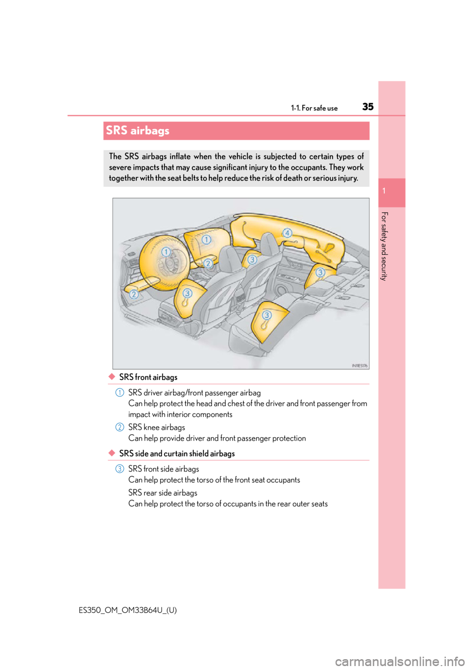 Lexus ES350 2016  Owners Manuals /  LEXUS 2016 ES350  (OM33B64U) Owners Guide 351-1. For safe use
ES350_OM_OM33B64U_(U)
1
For safety and security
SRS airbags
◆SRS front airbags SRS driver airbag/front passenger airbag
Can help protect the head and chest of the driver and fron