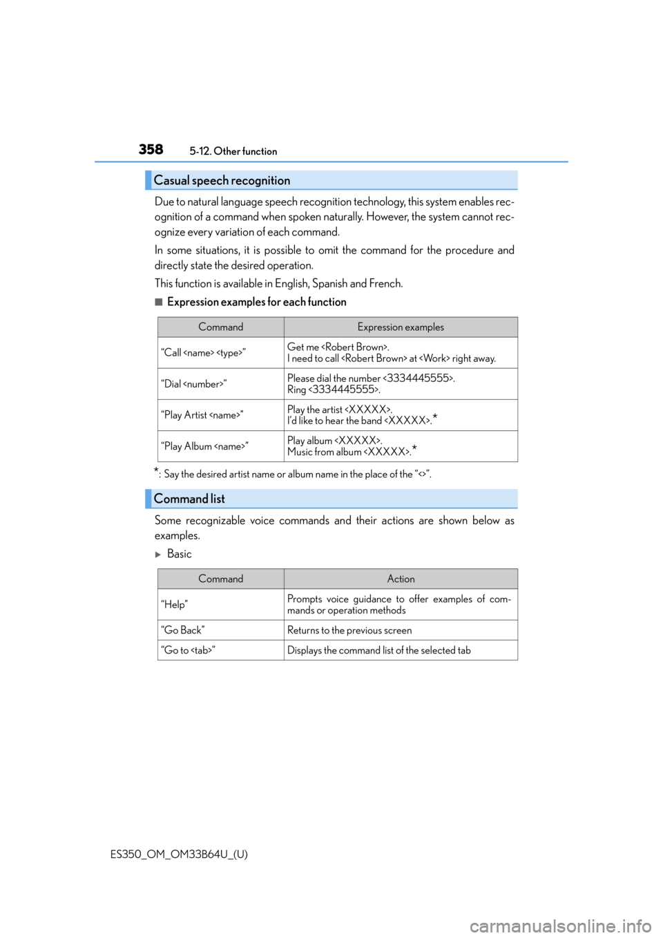 Lexus ES350 2016  Owners Manuals /  LEXUS 2016 ES350 OWNERS MANUAL (OM33B64U) 3585-12. Other function
ES350_OM_OM33B64U_(U)
Due to natural language speech recognitio n technology, this system enables rec-
ognition of a command when spoken naturally. However, the system cannot r